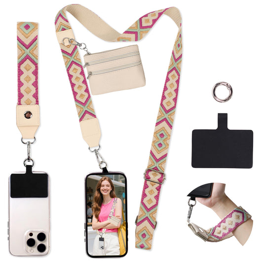 FUVLIFE Phone Lanyard Crossbody Wrist Strap, Adjustable Clip and Go Strap for Phone with Wallet Crossbody, Phone Strap with Zippered Pouch, Universal