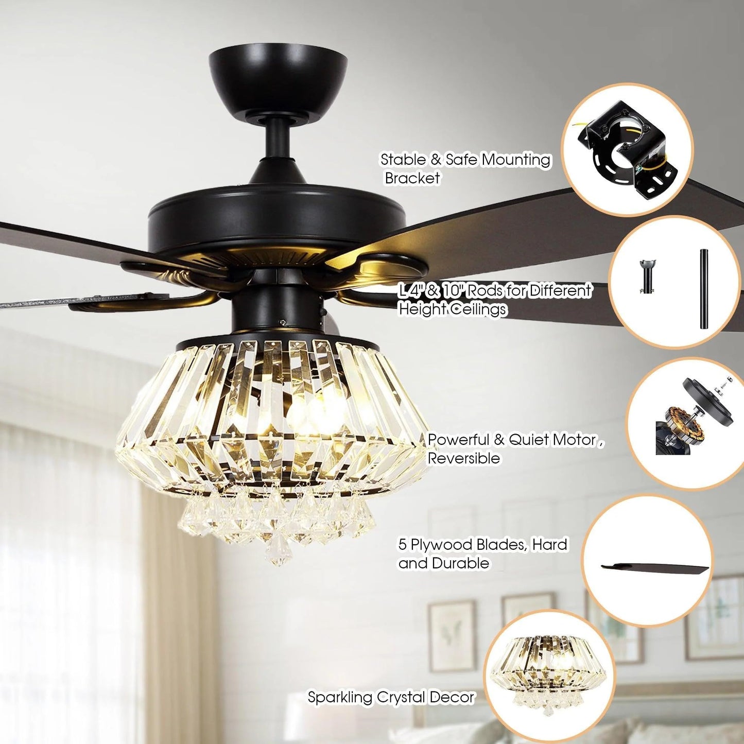 Vaczon 52'' Farmhouse Ceiling Fan with Light & Remote - Black Caged Fandelier Style, Crystal Chandelier with 6 Speeds,Reversible Motor