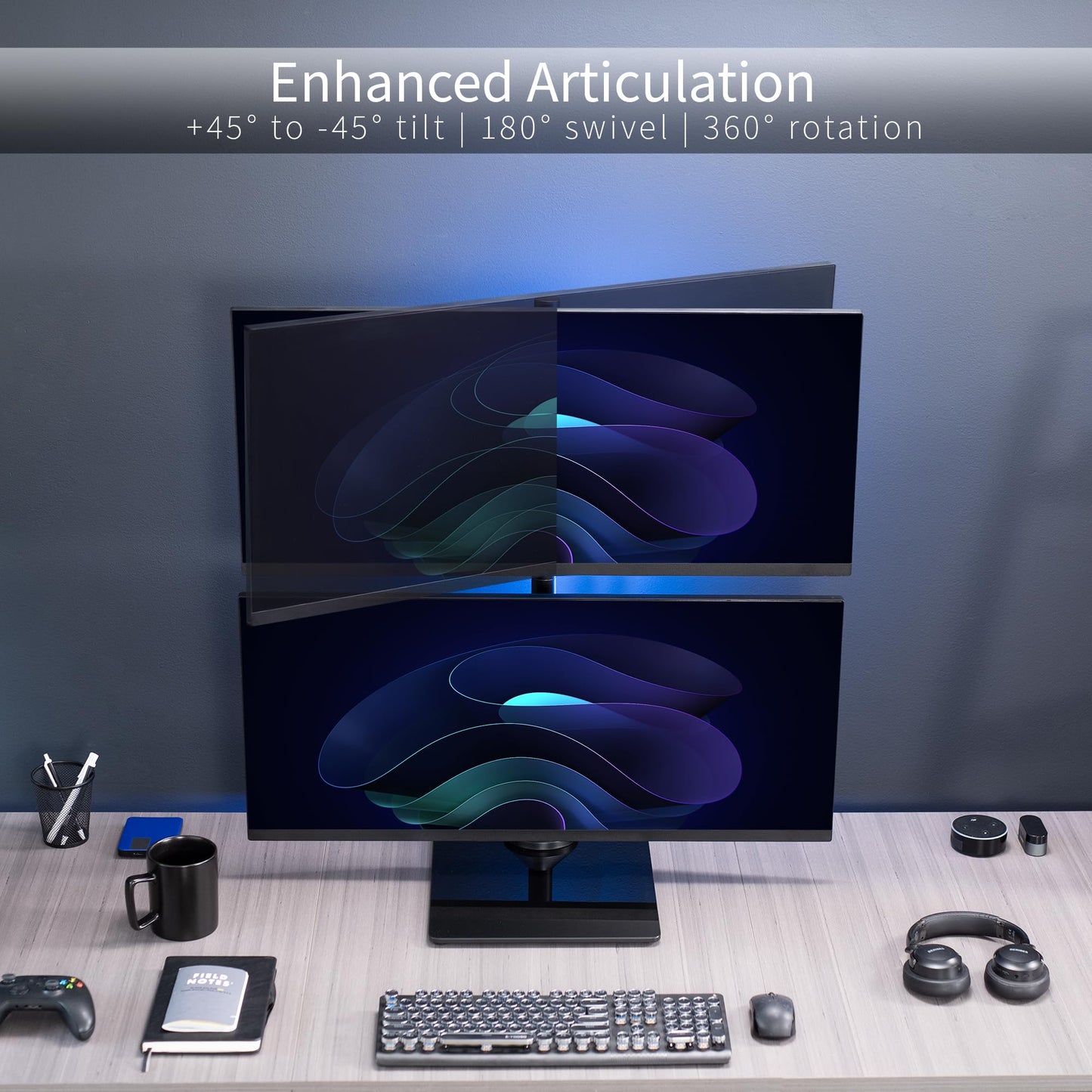 VIVO Dual Monitor Desk Stand with Tempered Glass Base, Free-Standing LCD Mount, Holds in Stacked Vertical Position 2 Ultrawide Screens up to 34