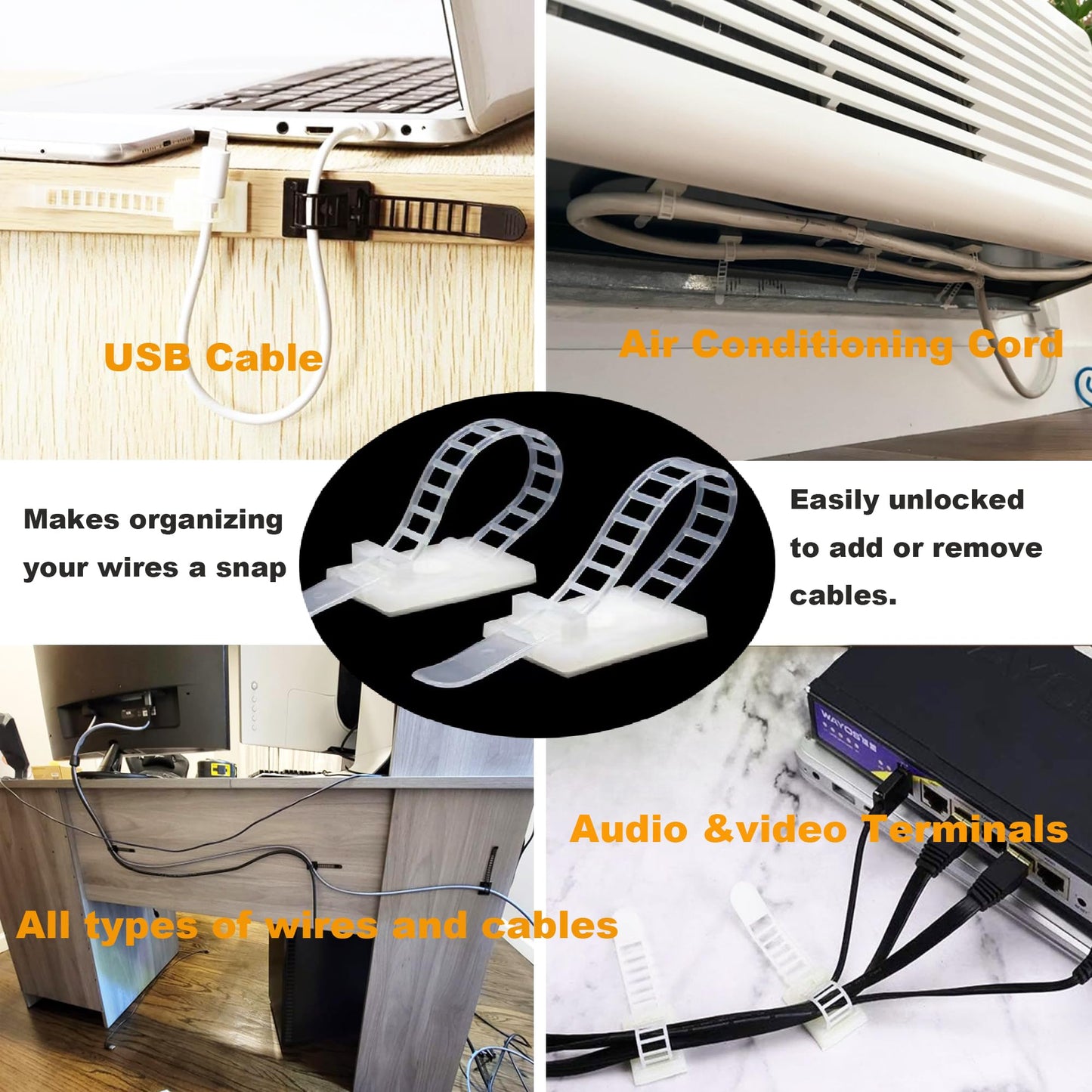 MyyYiTar 30 pcs Adhesive Cable Ties Adjustable Cable Mount. Self-adhesive Nylon Cord Clip Fastener, Cable Management Wire Organizer Fixture (White)