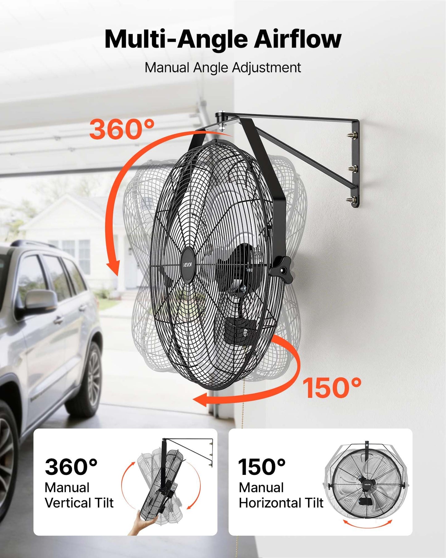 VEVOR Wall Mount Fan, 20 in Wall Mounted Hanging Fan, 3-Speed, Long Airflow Distance, Adjustable Rotation Angle, Mechanical Control, Powerful
