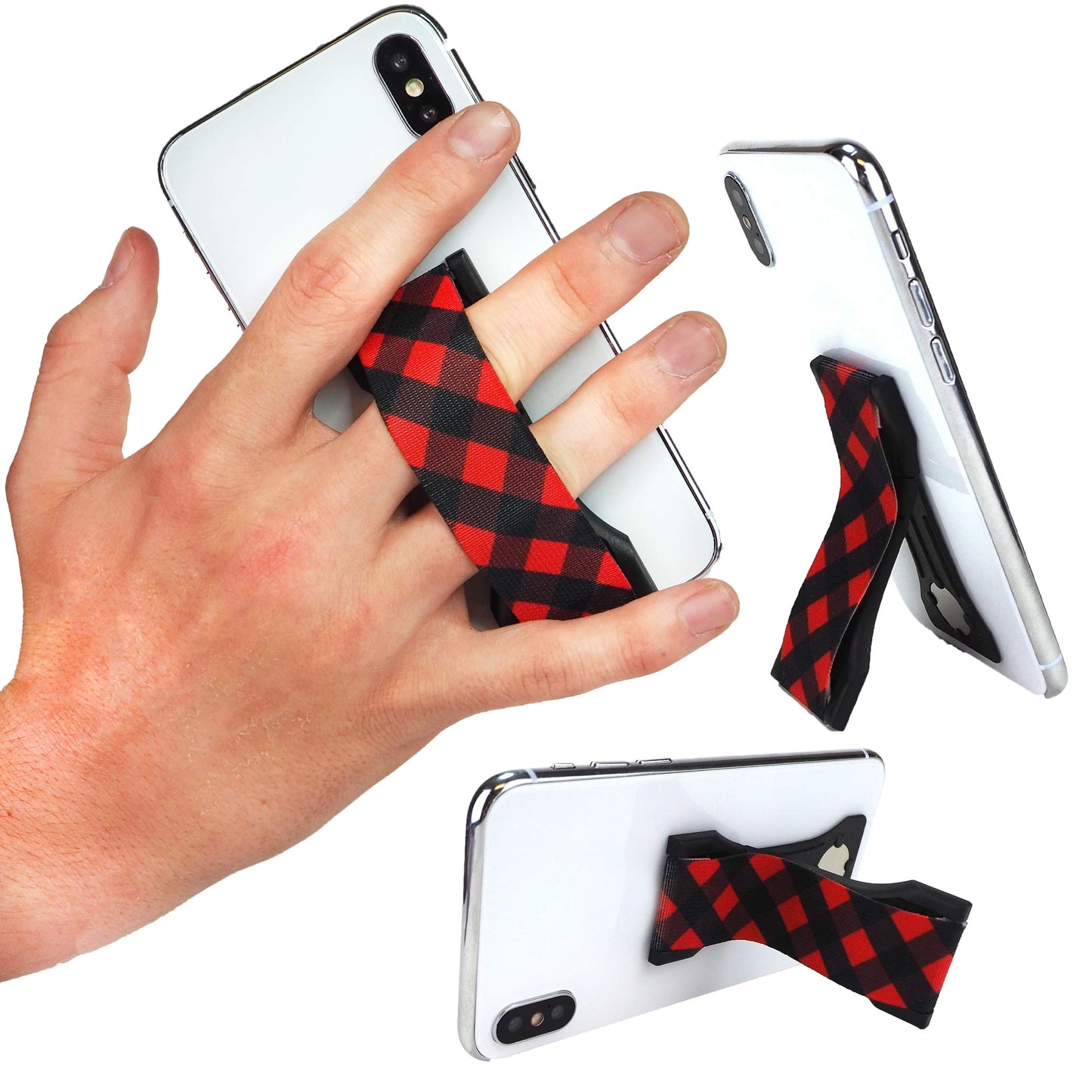 LOVEHANDLE PRO Premium Phone Grip - Elastic Phone Strap - Magnetic Phone Mount and Kickstand for Smartphone and Tablet - Red Flannel