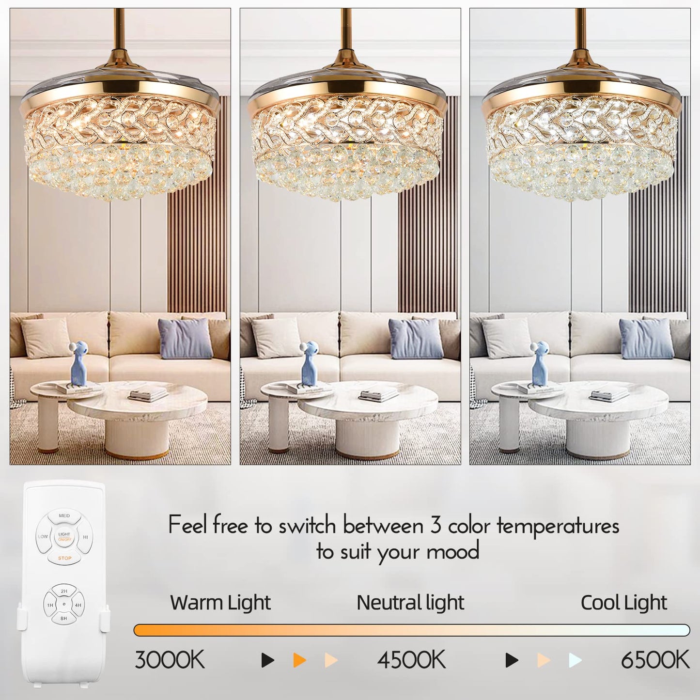 A Million 42" Crystal Fandelier Modern Ceiling Fan with Light Retractable Blades 3 Speeds 3 Colors with Remote Control, Silent Motor and LED Kits