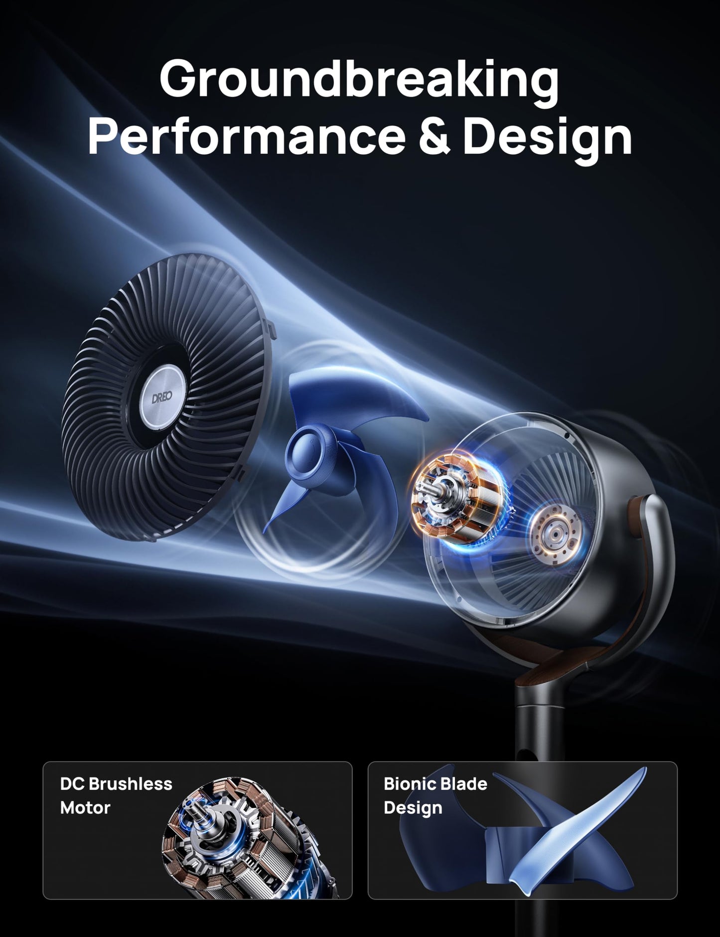 DREO Fan for Bedroom, 120°+120°Omni-directional Oscillating Fan, 90ft, DC Motor, 20 dB Quiet Standing Pedestal Fans, 8 Speeds, 3 Modes Circulator