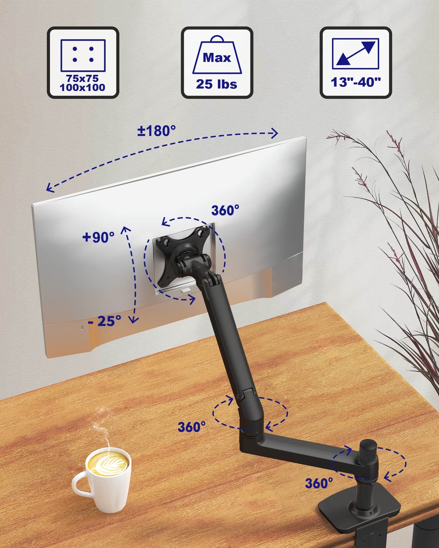 Ergounion Single Monitor Arm Desk Mount, Holds Screens up to 40 Inches and 25 lbs, Fully Adjustable Vesa Monitor Mount with C-Clamp and Grommet Base