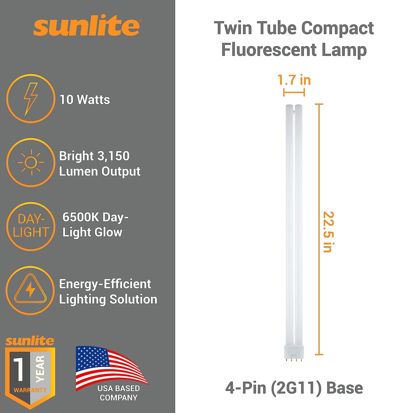 Sunlite FT40DL/865 Twin Tube Compact Fluorescent Lamp, FT 4-Pin, 40 Watts, 3150 Lumens, 6500K Daylight, 4-Pin (2G11) Base, ROHS Compliant, 10 Pack