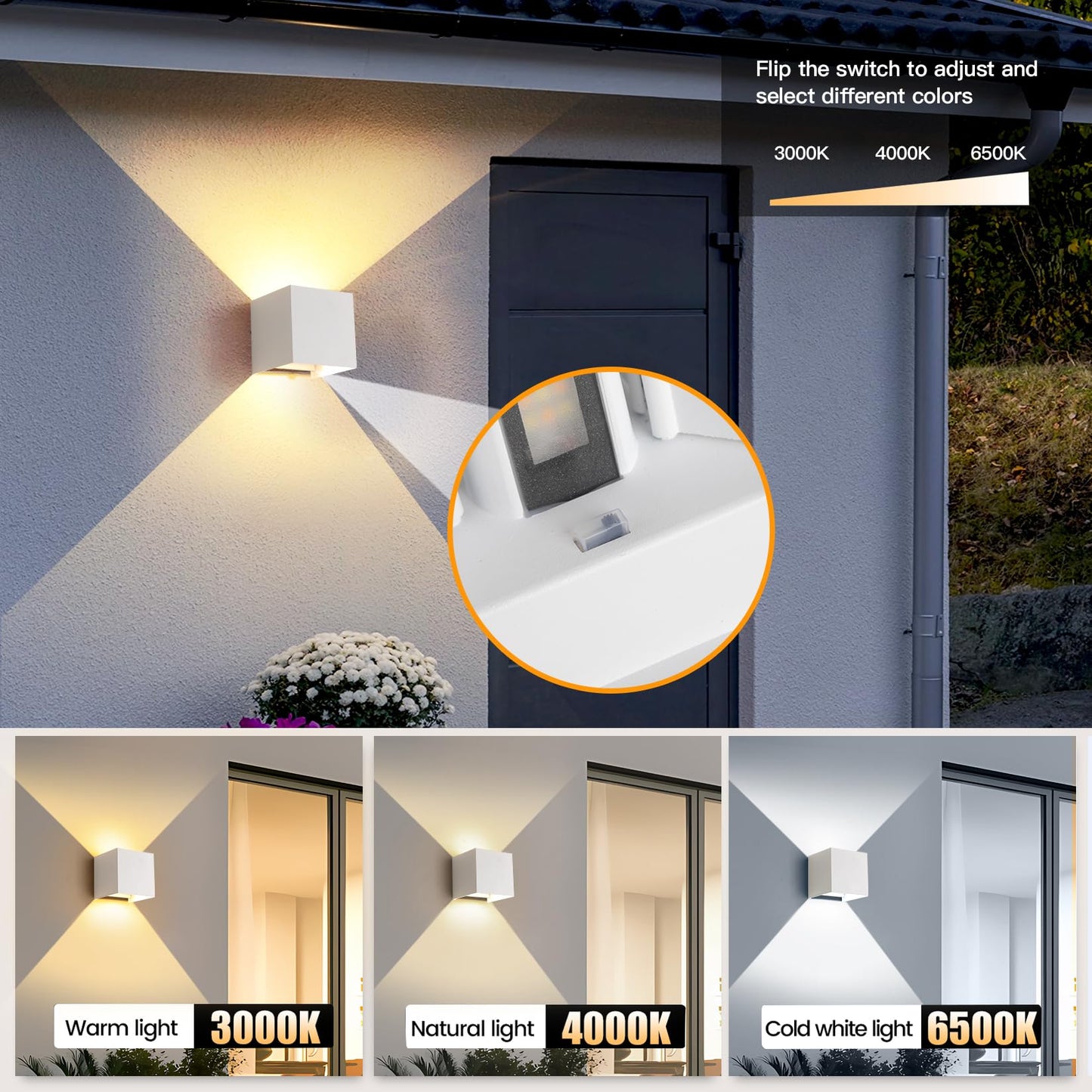 YCZM 2 Pack 3-Color Adjustable Modern Outdoor Wall Lights, 15W Square LED Exterior Wall Sconce, Up and Down Lighting Fixtures, IP65 Waterproof