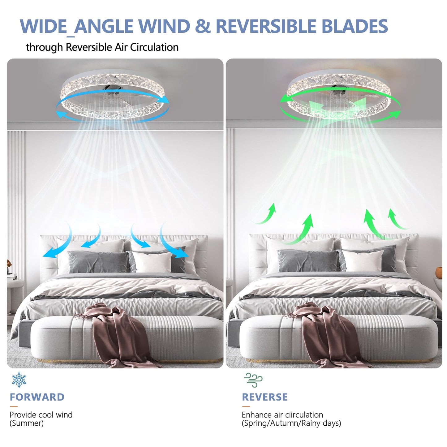 YIHANTLZ Crystal Ceiling Fan Light with Reversible Blades, 3-Speed Quiet Motor, Remote Control & Timer, Integrated LED Lighting for Bedroom, Living