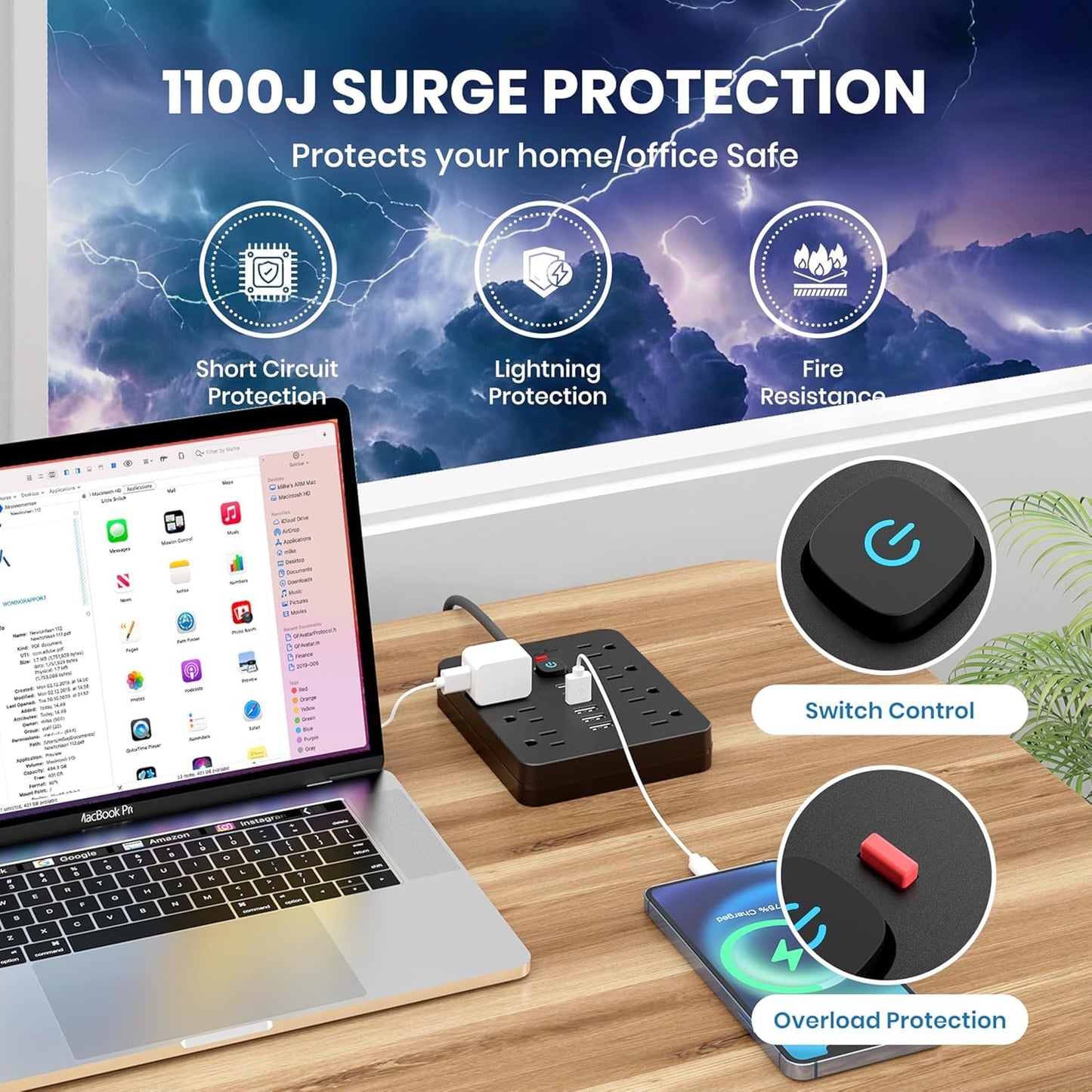 JouleLoom Power Strip Surge Protector with 8 Outlets, 4 USB and 2 USB C Ports, 5 Ft Extension Cord, Flat Plug, Wall Mount, Overload Protection Desk