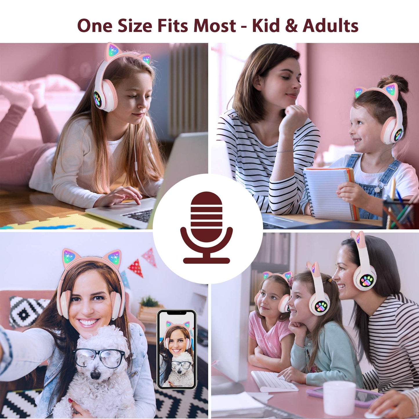 TCJJ Bluetooth 6.0 Cat Ear Kids Headphones for Girls, LED Light Up, 85dB Safe Volume Limit, Stereo Sound Toddler Foldable Wireless & 3.5mm Wired…