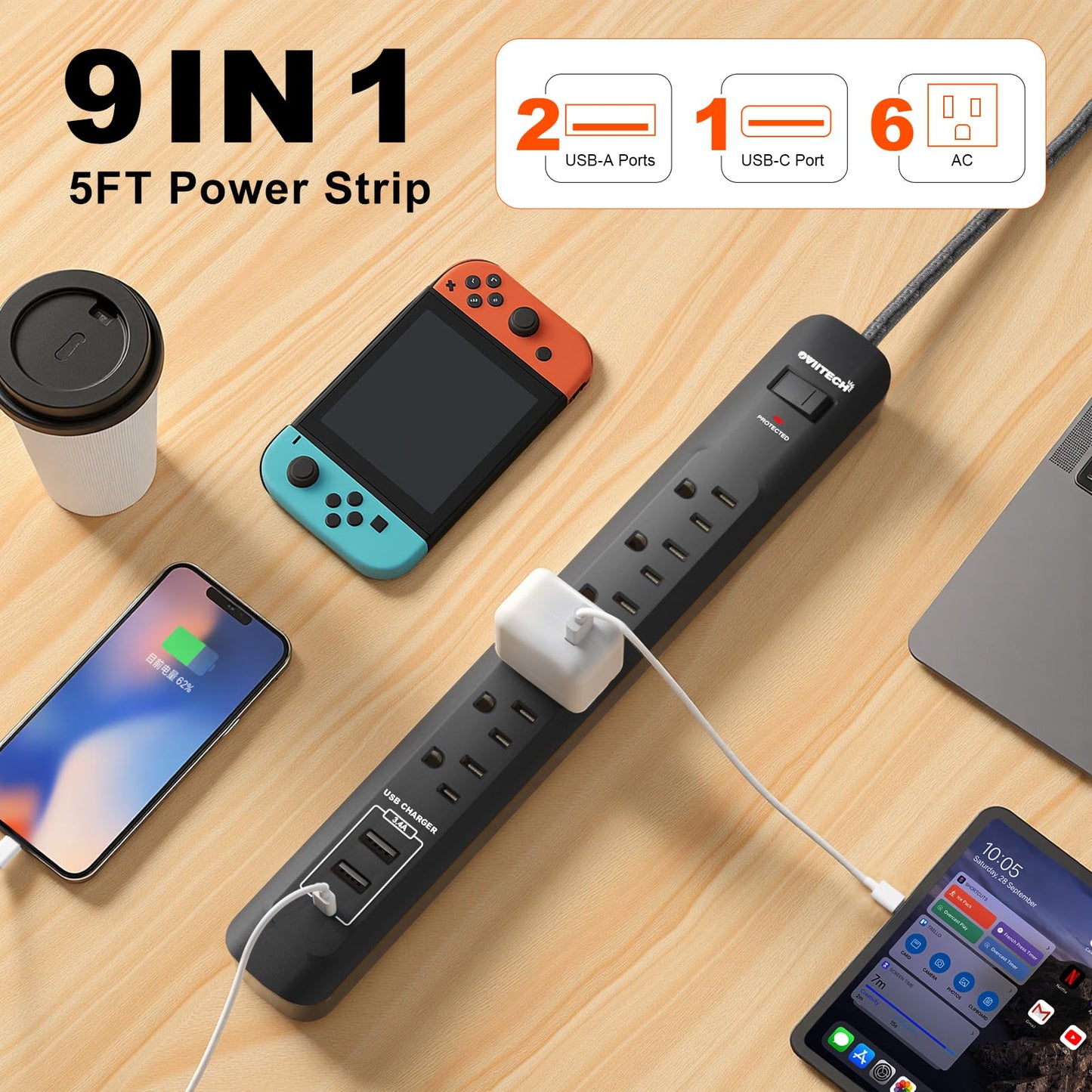 2 Pack Power Strip Surge Protector - 5Ft Extension Cord with 6 Outlets with 3USB Ports(1 USB C) Port, 1875W/15A, Flat Plug, Wall Mount Desk Charging