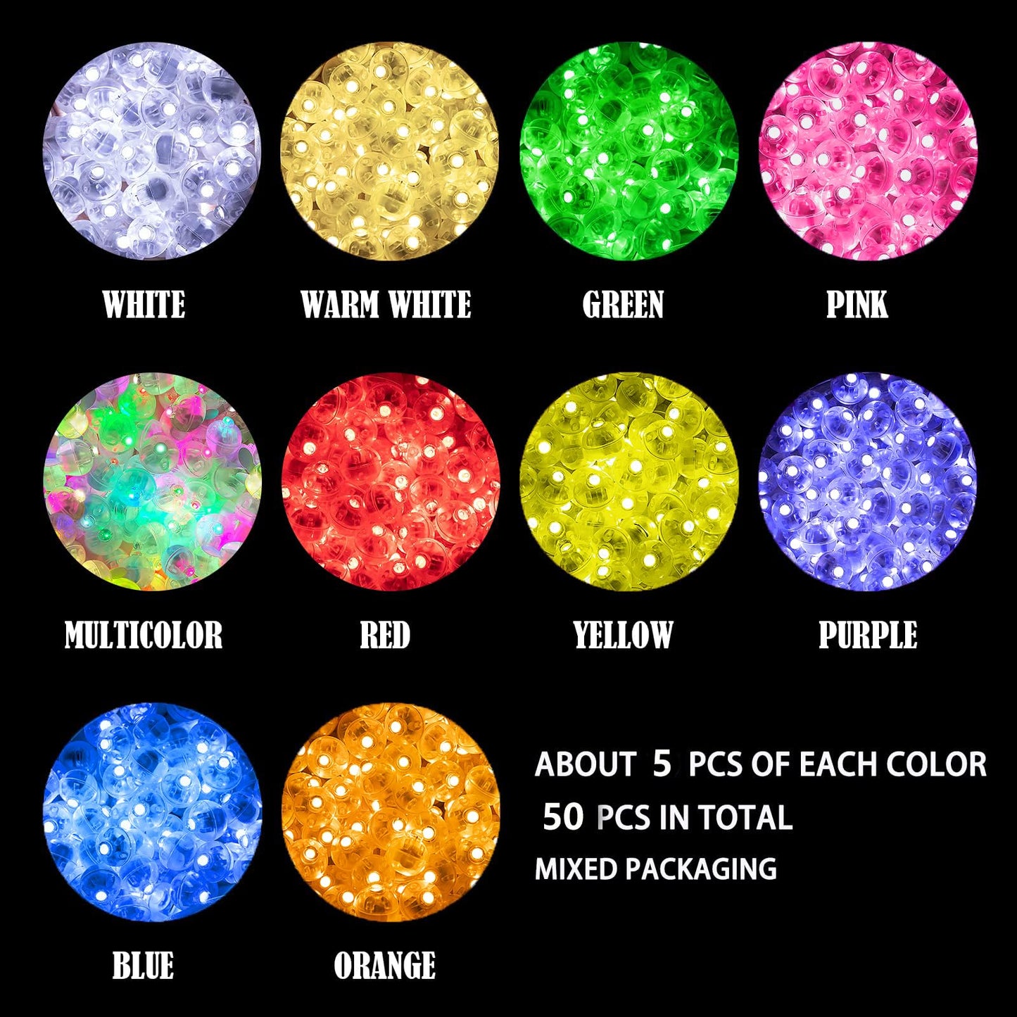 50pcs LED Balloon Lights, 10 Colors Mini Round Balls Lights Long Standby Time Flash Ball Lights for Balloon Paper Lantern LED Ball Lamp Waterproof