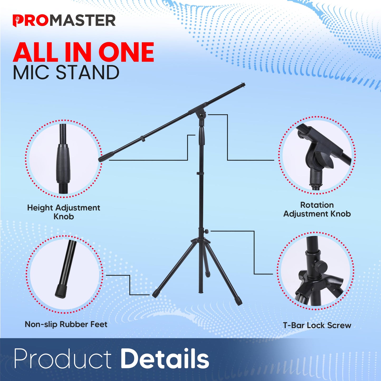 The Promaster Tripod Microphone Stand - Portable and Adjustable with Gooseneck Boom Arm, Lightweight Design for Performance and Studio Use - Black