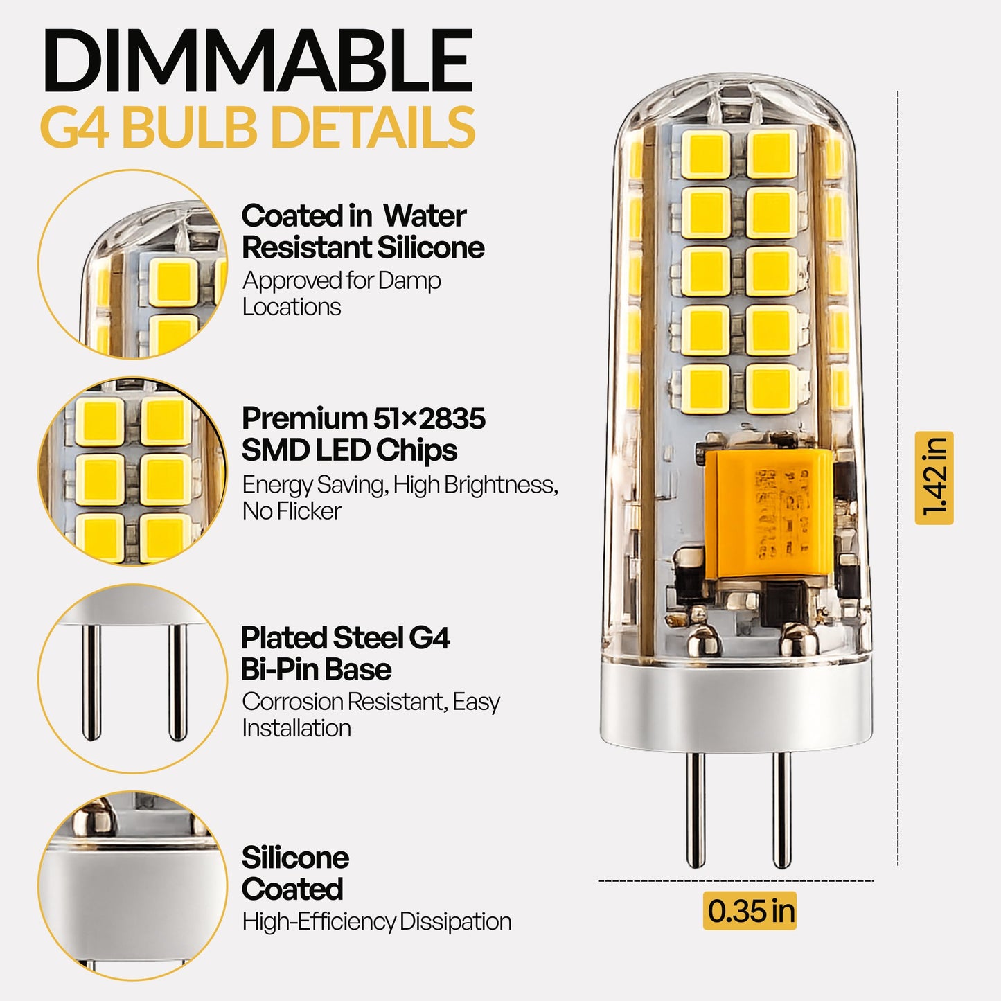 Top Notch Co G4 Bi-Pin LED Bulb (1 Pack) (2700K) - 2.5W, 12V T3 LED Halogen Replacement, Dimmable 80 LM - 360°, 95+ CRI, Silicone Potted, (9-17 VAC)