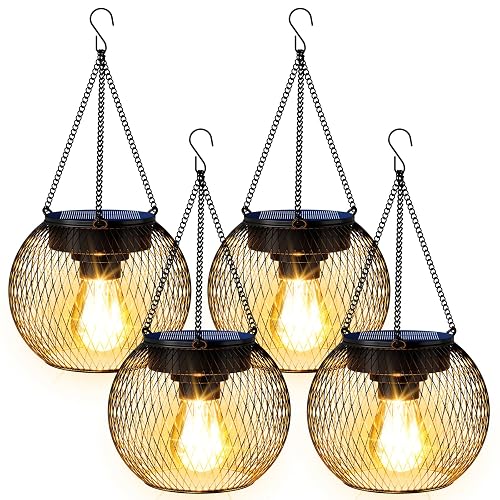 TANCUZO Solar Lanterns Outdoor Waterproof 4 Pack, Upgraded Metal Solar Hanging Lights with Hooks & Auto On/Off, Brighter Warm Outdoor Hanging Lantern