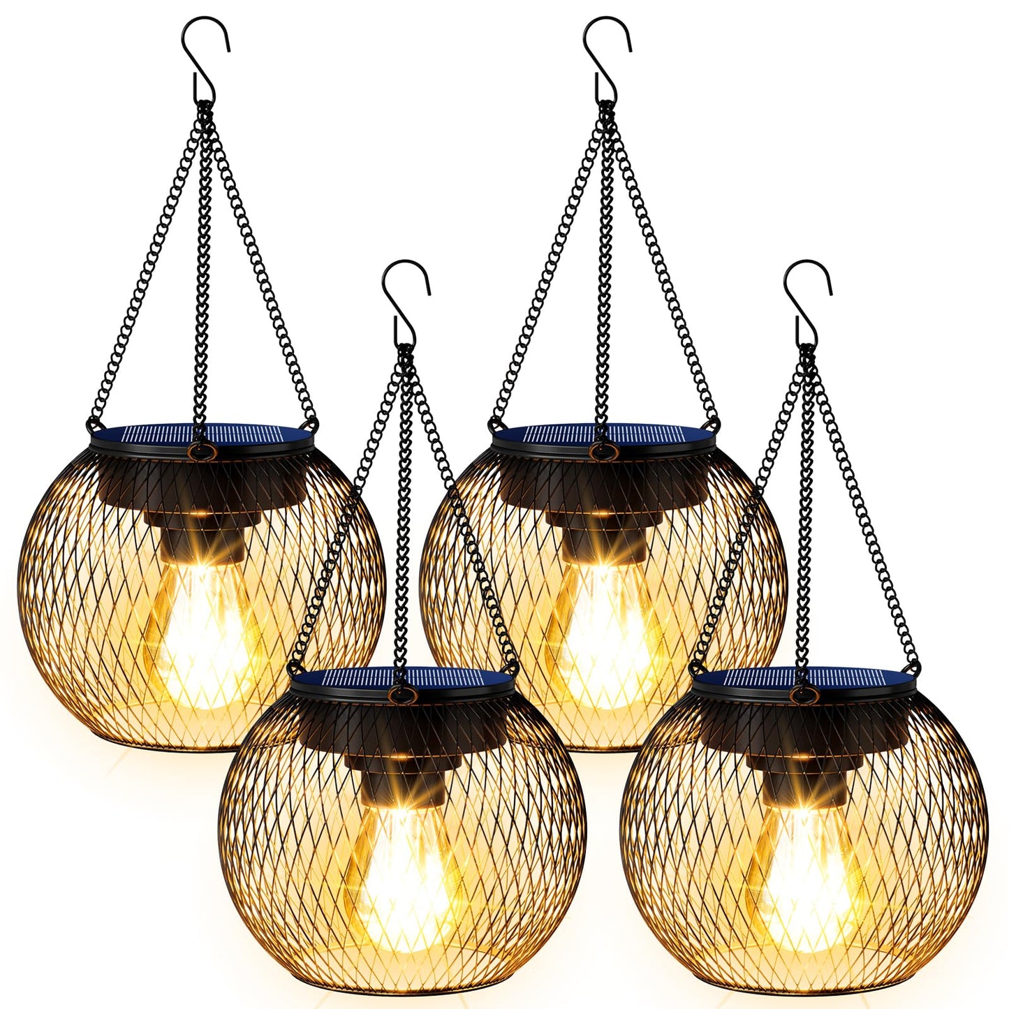 TANCUZO Solar Lanterns Outdoor Waterproof 4 Pack, Upgraded Metal Solar Hanging Lights with Hooks & Auto On/Off, Brighter Warm Outdoor Hanging Lantern