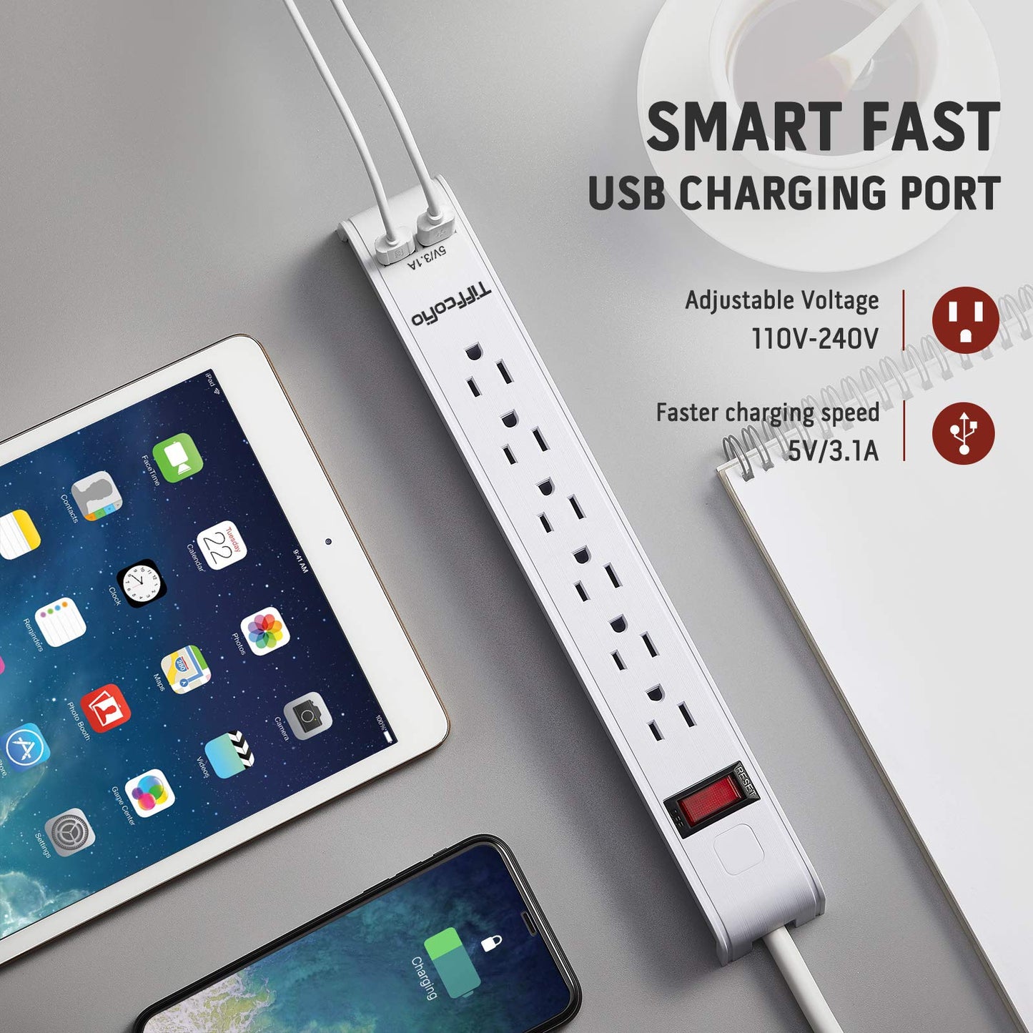 Power Strip Surge Protector with 6 Outlets & 2 USB Ports, 15 Feet Extension Cord, Flat Plug Outlet Strip, 1000 Joules Surge Protection, Wall Mount