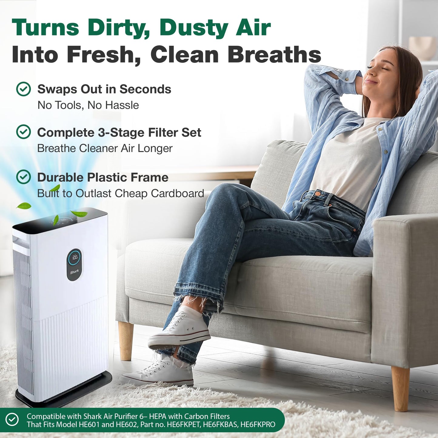 1 Premium HEPA Air Purifier Filter with Activated Carbon, Fits Shark Air Purifier 6 HE601 and HE602, Part no. HE6FKPET, HE6FKBAS, HE6FKPRO - Triple