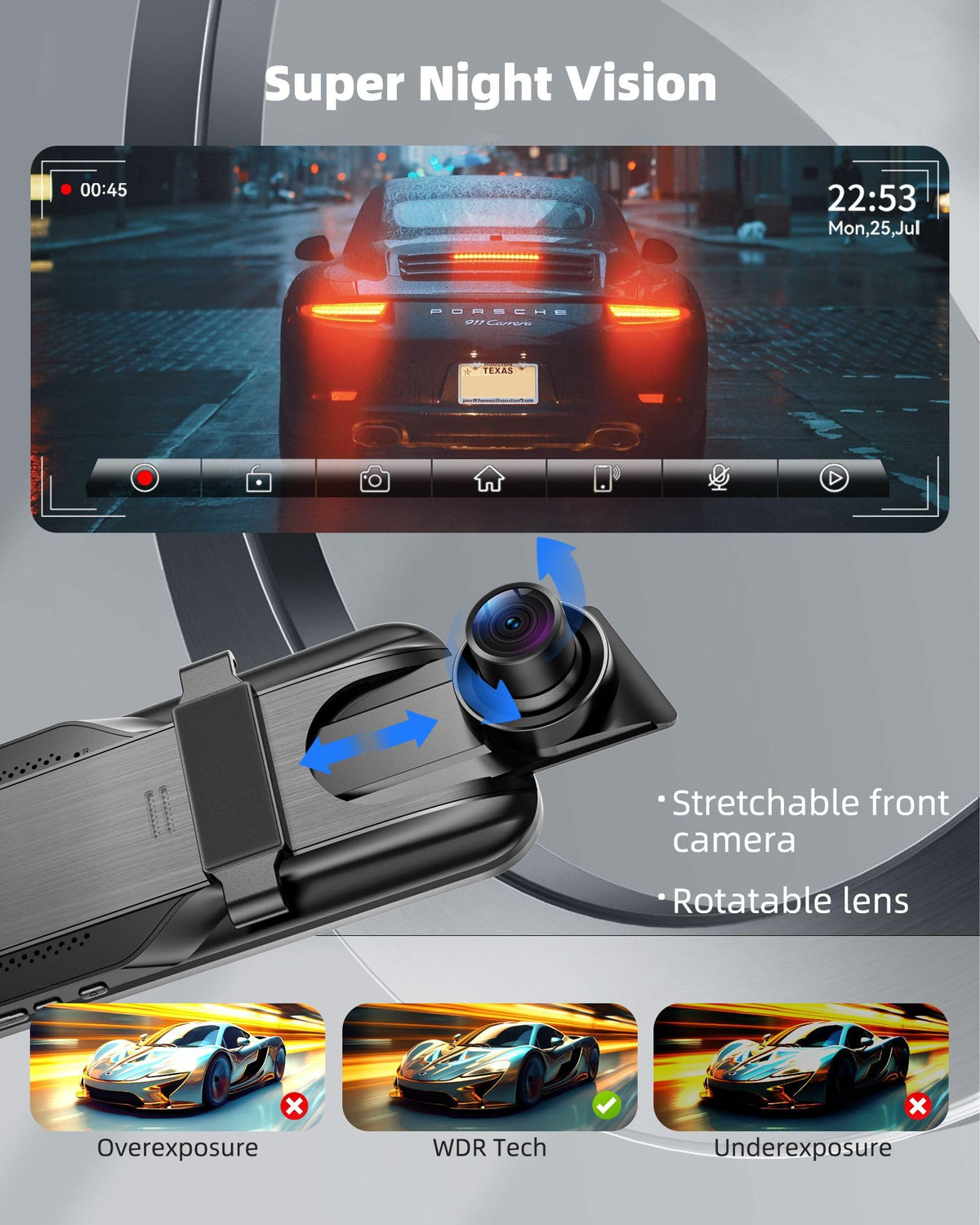 10" Mirror Dash Cam with Android Auto&Carplay 2.5K Rear View Mirror Camera