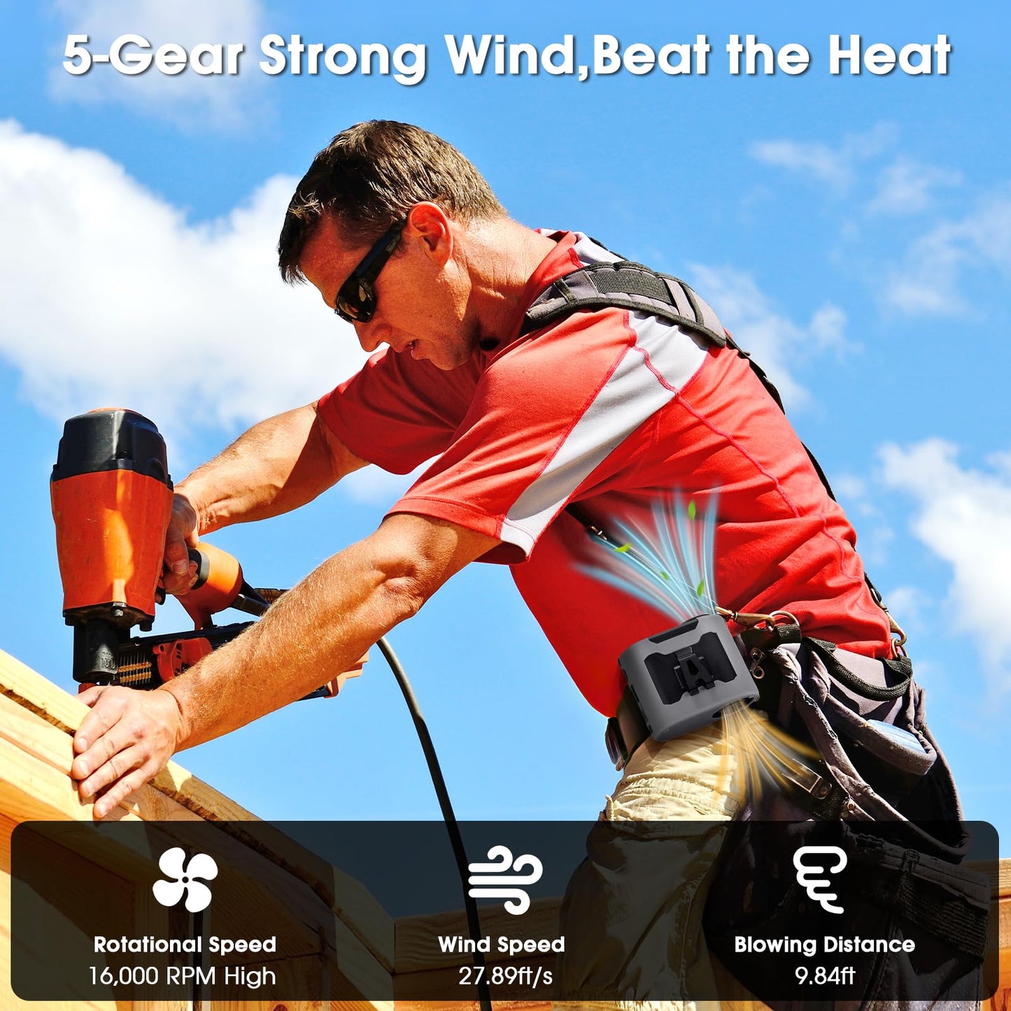 40H Portable Waist Fan, Rechargeable Wearable Shirt Clip Fan with Light, 16000 RPM Cooling Neck Body, Powerful 5 Speeds Belt Personal Cooling Fans