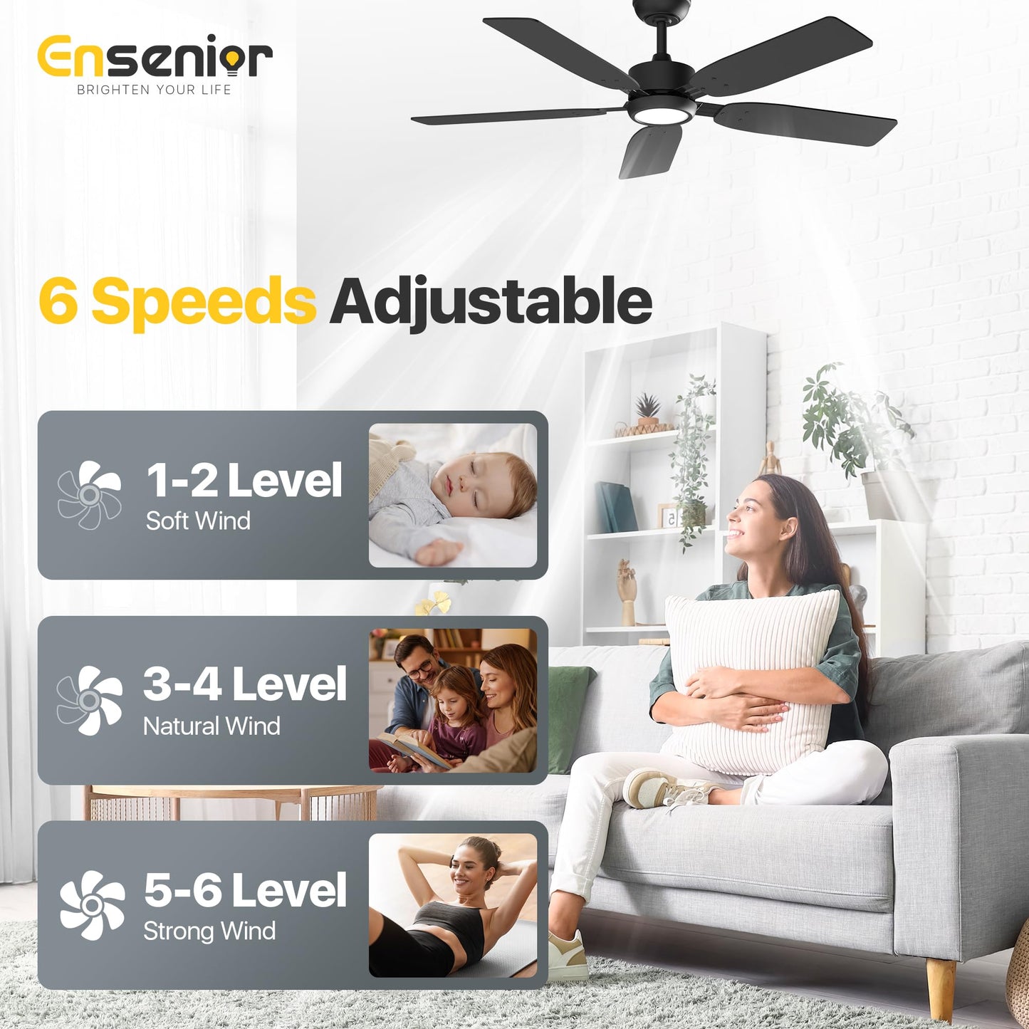 Ensenior 52 Inch Downrod Mount Ceiling Fans with Lights and Remote, 5-Blade