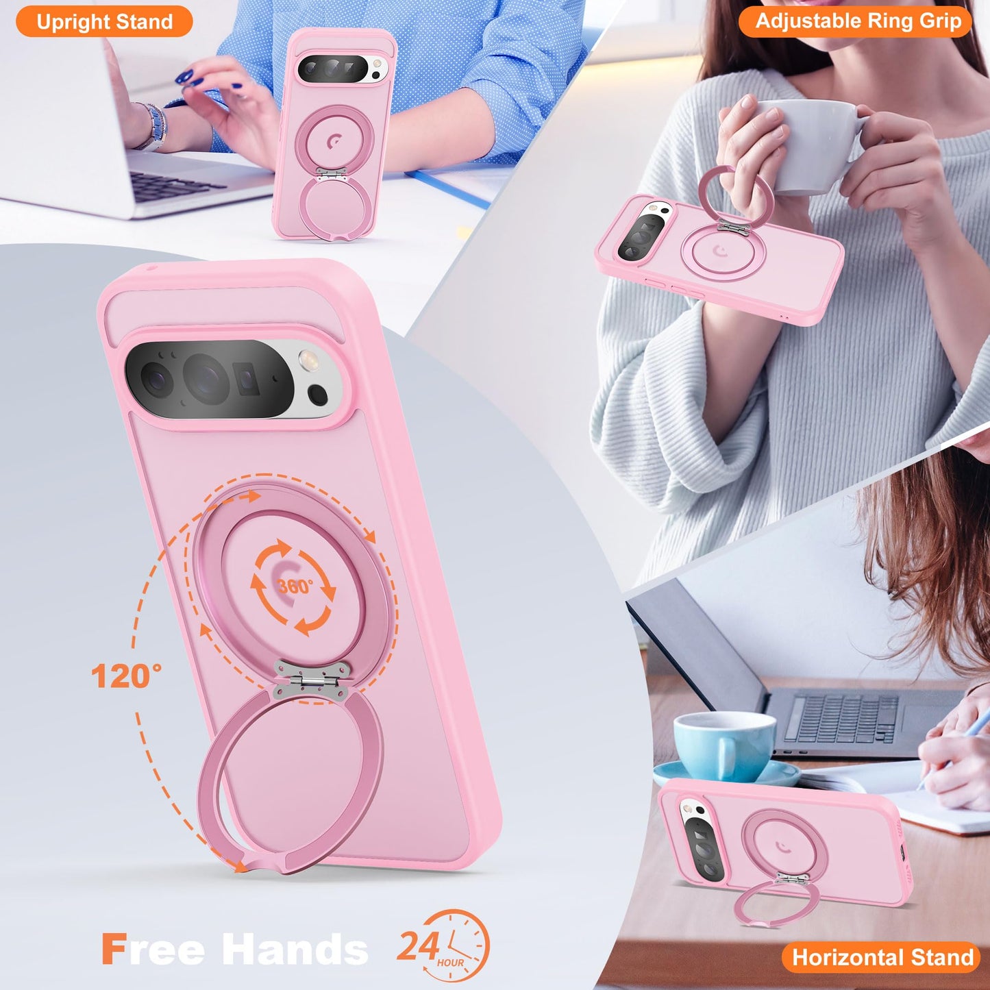 UGENINO Compatible with Google Pixel 9/Pixel 9 Pro Case with 360° Magnetic Ring Stand [Compatible with Mag-Safe] Shockproof Translucent Phone Case