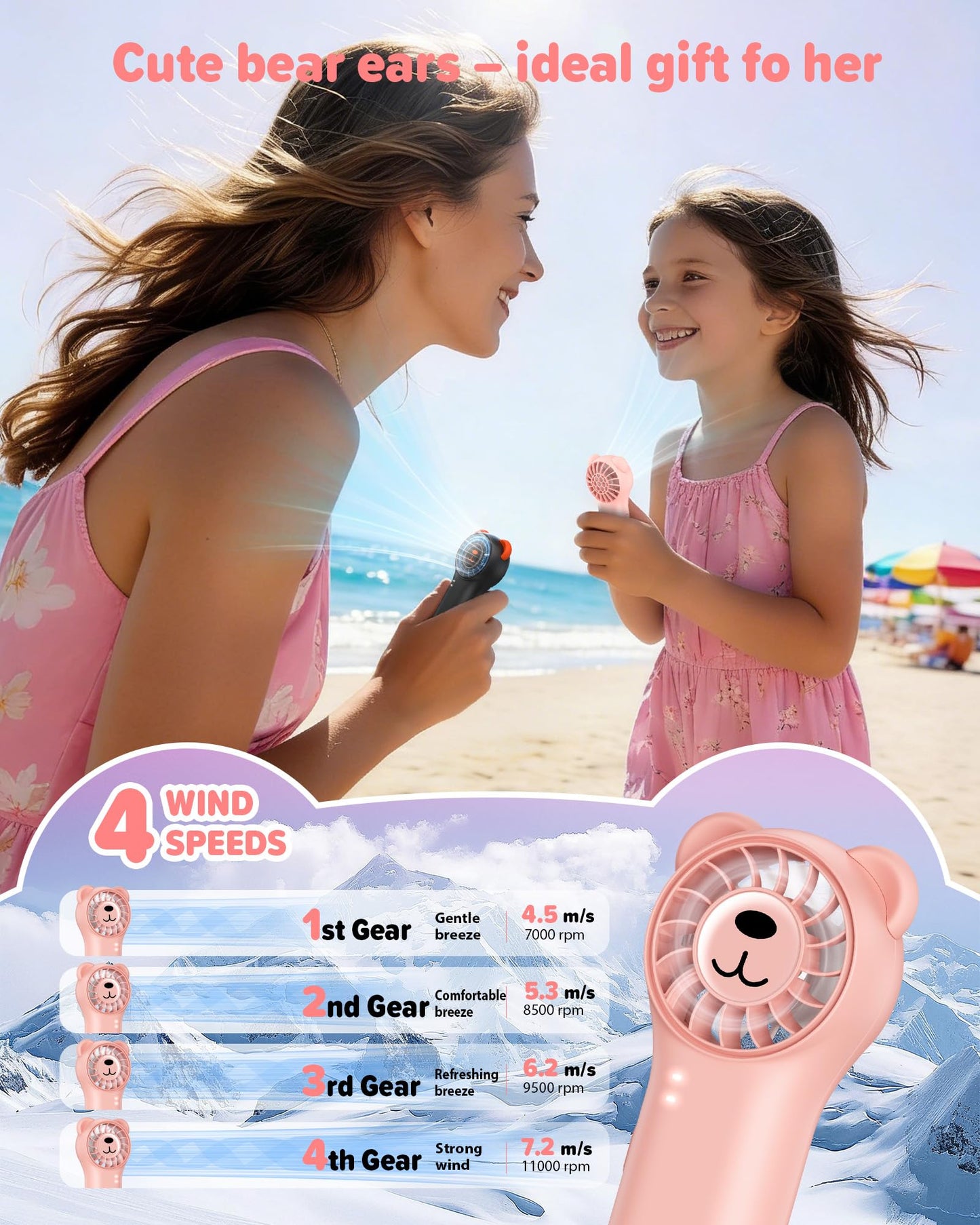 Gentsvip Portable Handheld Fan, Cute Bear Mini Fan with 11000 RPM High Speed, Rechargeable Personal Fan with 4 Speeds, Pocket Small Fan for Travel