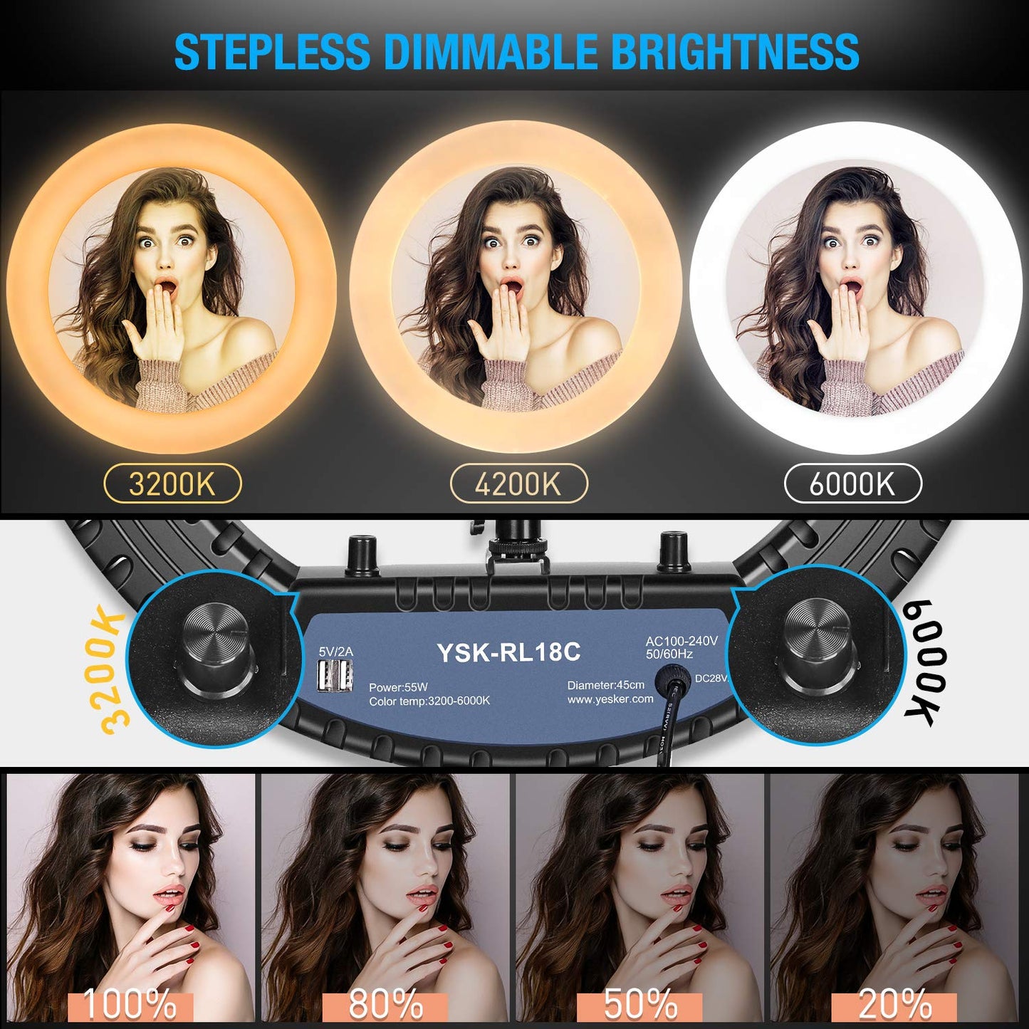 Yesker Ring Light 18 Inch with Stand Tripod Big Selfie Ringlight Adjustable 6000K Dimmable LED Portable Professional Ring Lights Kit Phone Holder