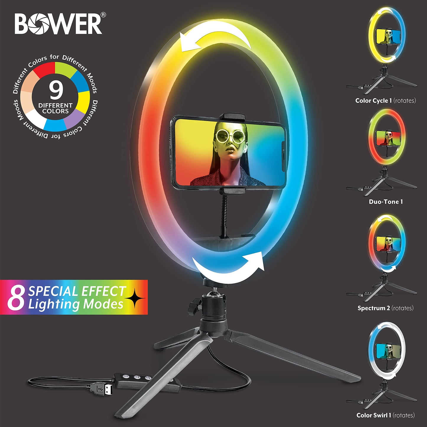 Bower 10 inch RGB Selfie Desktop Ring Light Stand Studio Kit - Ultra Wide Range, 9 Colors, 12 Brightness Levels, Special Effects, Tripod, Phone