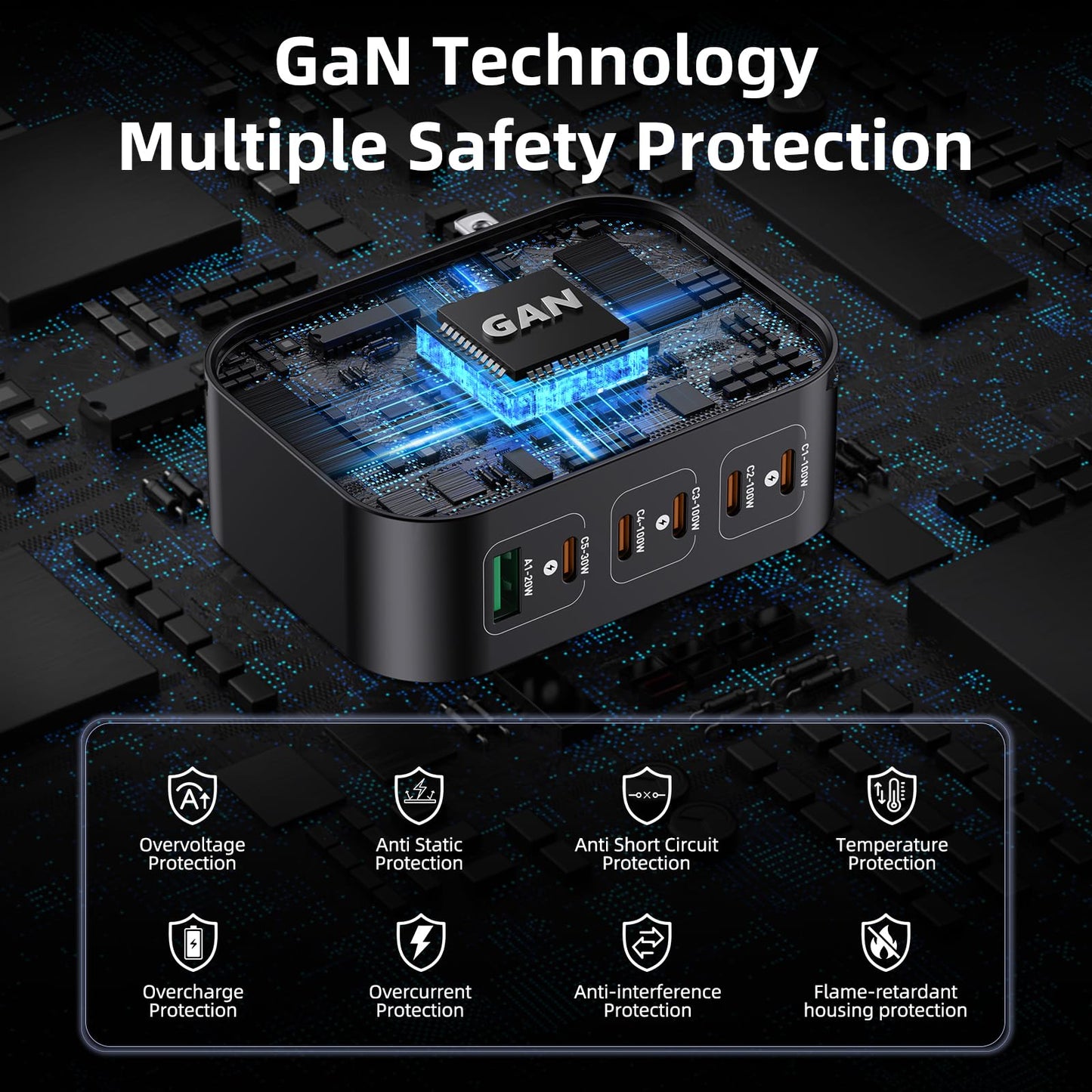 450W 6-Port Foldable GaN USB C Wall Charger, All-in-One Charging Station with Color LED | 100W PD Fast Charging Block for MacBook, iPhone, iPad