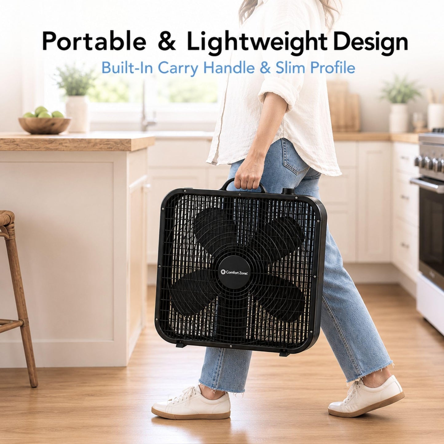 Comfort Zone Box Fan with Carry Handle, 20 inch, 3 Speed Full-Force Air Circulation with Air Conditioner, Floor Fan, Bedroom Fan, Airflow 15.03