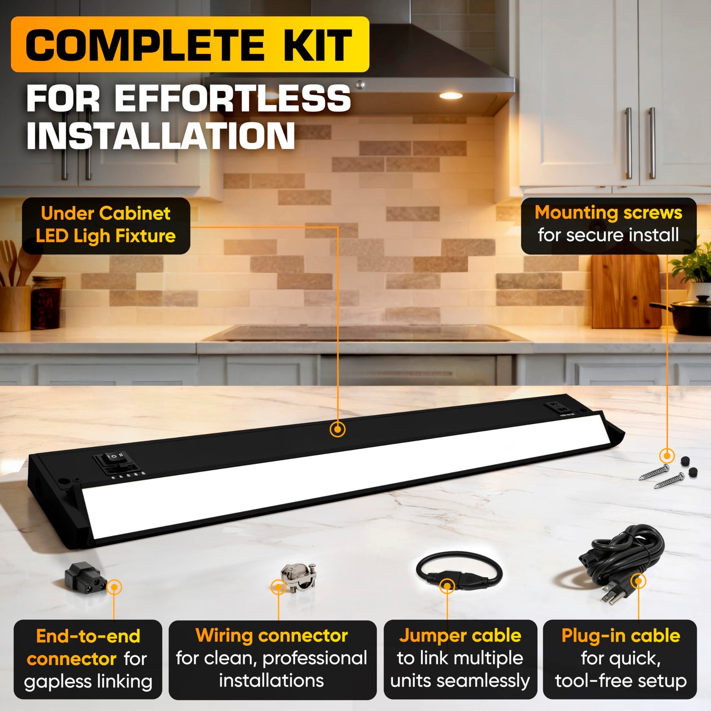 NSL LED Under Cabinet Lighting Hardwired or Plug in - Swivel Lens - 24 Inch Black - Dimmable Undercabinet Lights for Kitchen - 5CCT Selectable Color
