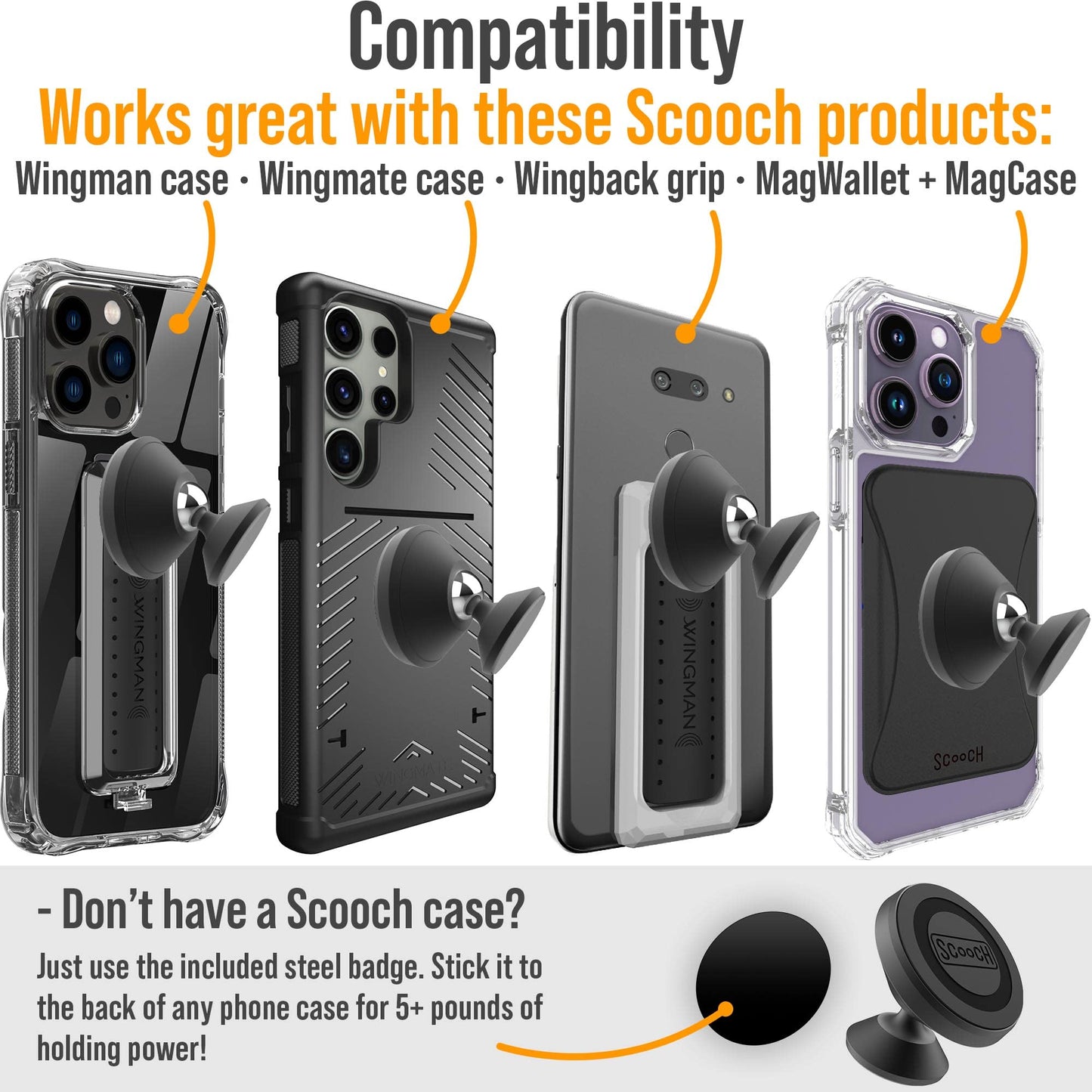 Scooch Magnetic Phone Mount for Car Compatible with Any Smartphone [Wingmount] Strong Magnets, Adjustable Magnetic Phone Holder for Car Dashboard