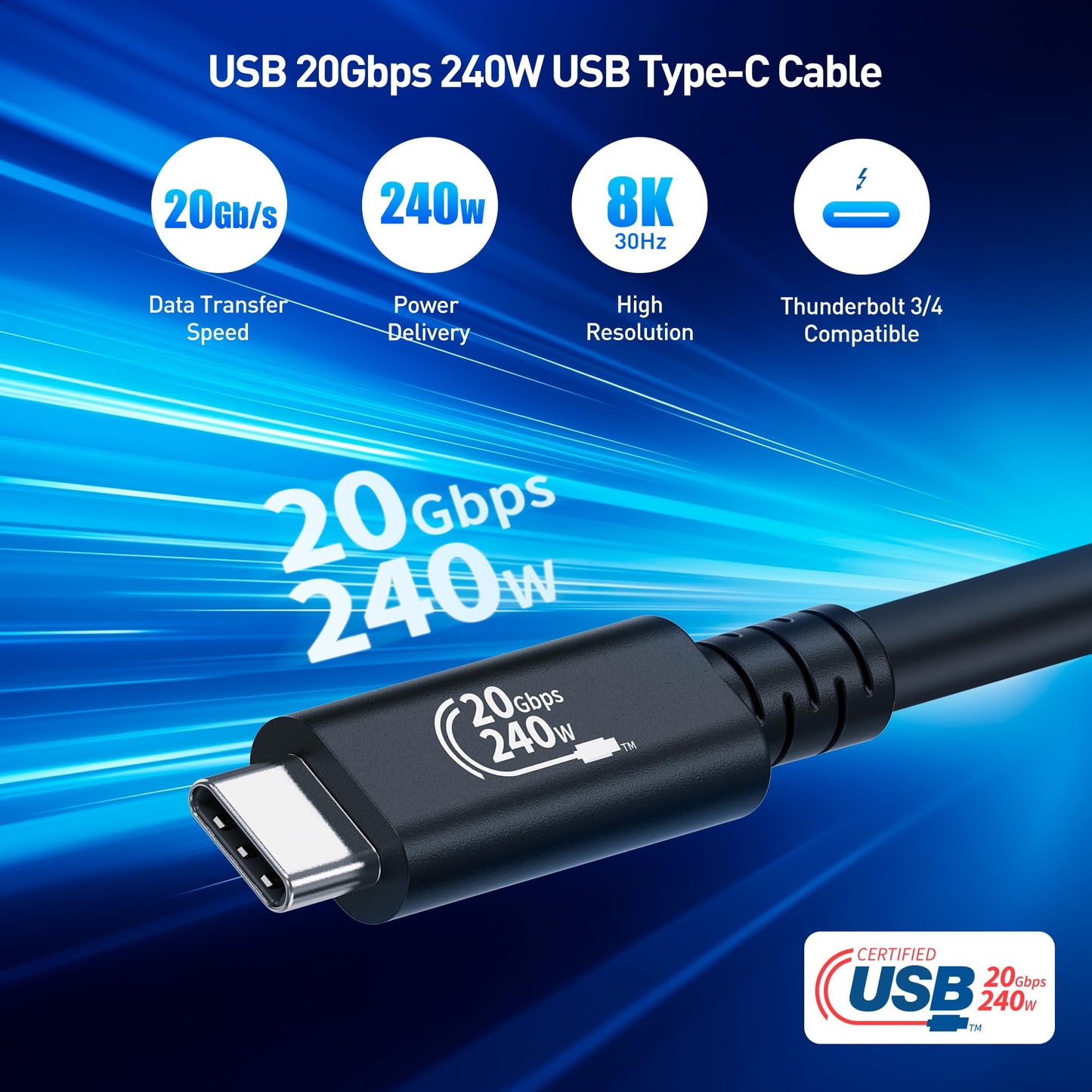 Cable Matters [USB-IF Certified] 20Gbps Right Angle USB 4 Cable 6.6ft, Supports Up to [8K@30Hz / 4K@120Hz Video, 240W Charging, 20Gbps Data Transfer]