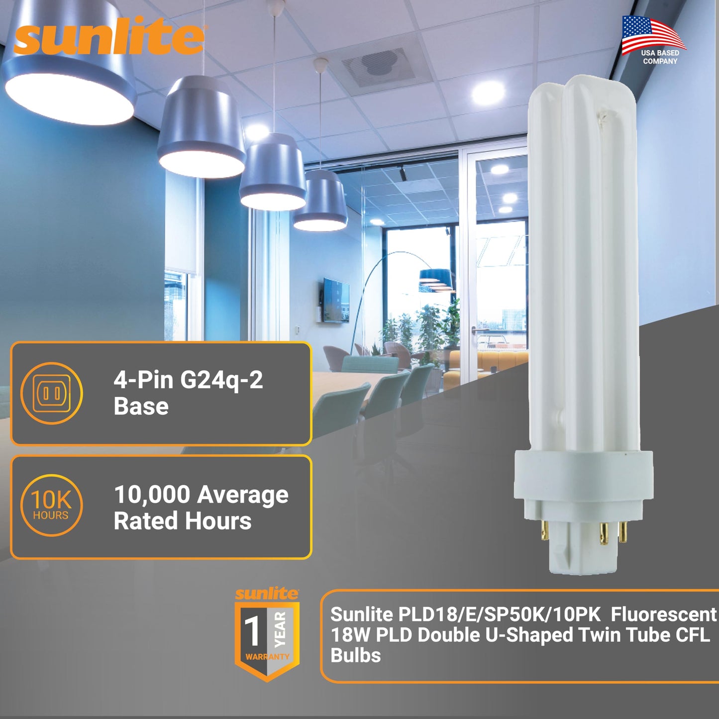 Sunlite Compact Fluorescent PLD 4-Pin Double U-Shaped Twin Tube, 18 Watts, 120 Volts, 1080 Lumens, 5000K Daylight, 4-Pin G24q2 Base, 10 Pack