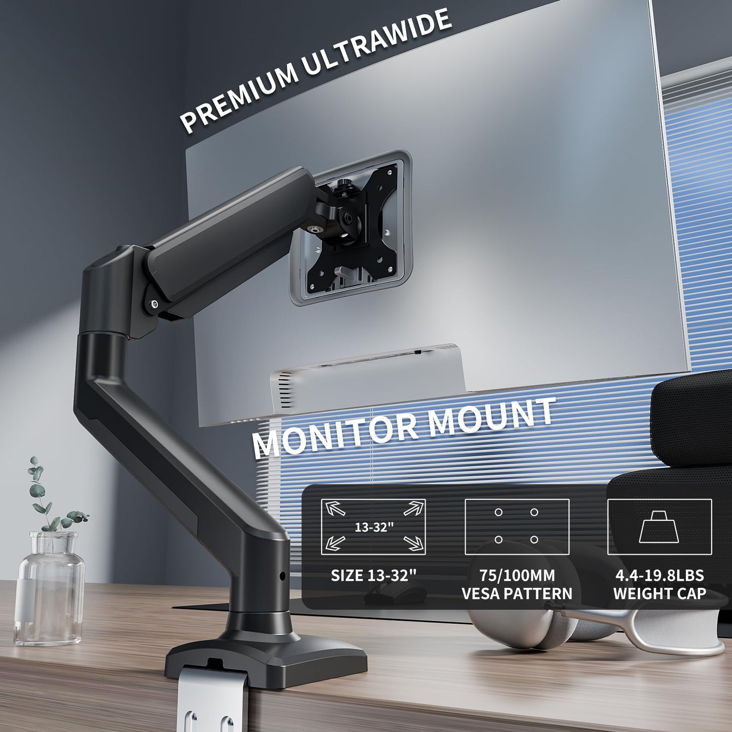 Single Monitor Arm Desk Mount?Gas Spring Monitors Arm for 17-32 inch Screens,Adjustable Computer Monitors Stand up to 4.4 to 19.8 lbs,Vesa Mount