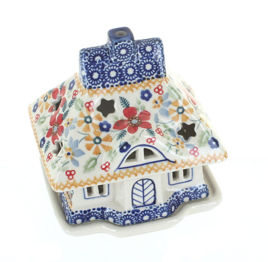 Blue Rose Polish Pottery - Red Daisy House Luminary - 5" x 4.5" - Hand-Painted Polish Pottery Holiday Candle Holder, Unique Christmas Gift & Festive
