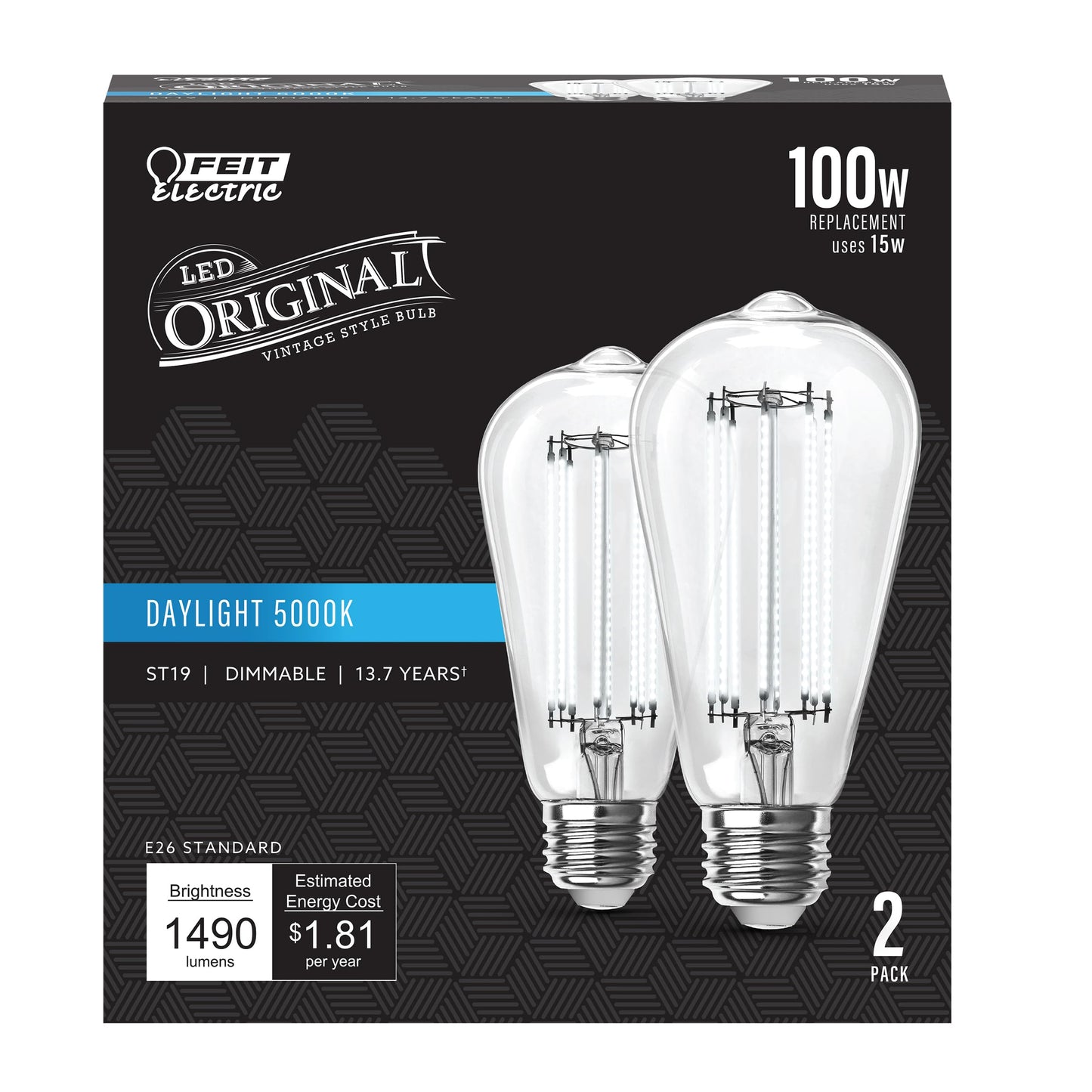 Feit Electric ST19 Vintage Edison LED Light Bulb, 100W Equivalent, Dimmable, 5000K Daylight, 1490 Lumens, E26 Base, Retro Filament Light Bulbs