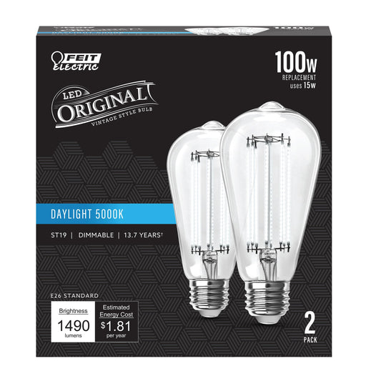 Feit Electric ST19 Vintage Edison LED Light Bulb, 100W Equivalent, Dimmable, 5000K Daylight, 1490 Lumens, E26 Base, Retro Filament Light Bulbs