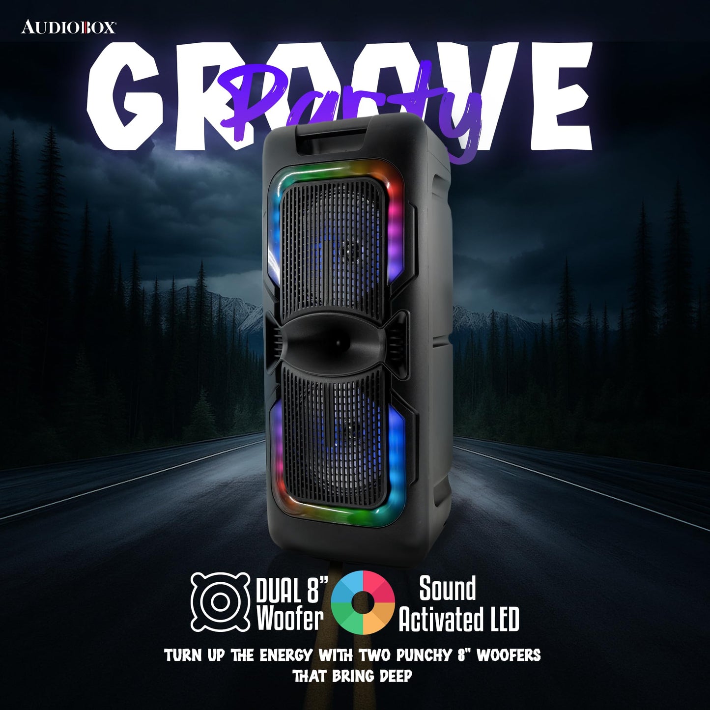 AudioBox ABX-2085R Dual 8" Portable Party Bluetooth Speaker with LED Lights, Wired Microphone, USB, AUX, TF & WaveSync Technology (TWS)