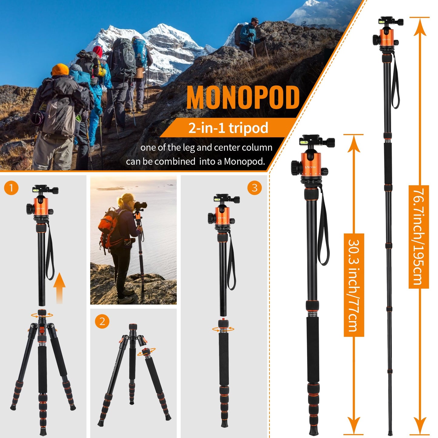 Victiv 80" Camera Tripod, Aluminum Heavy Duty Tripod Stand with 360° Ball Head, Camera Tripods & Monopods with Carry Bag, Suitable for Canon Nikon