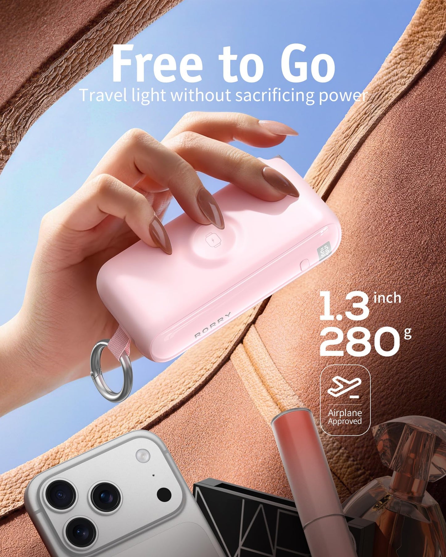 RORRY Flow Portable Charger, 10000mAh 40W Fast Charging Power Bank with Built-in USB C Cable and Foldable Wall Plug, Battery Pack Travel Essentials