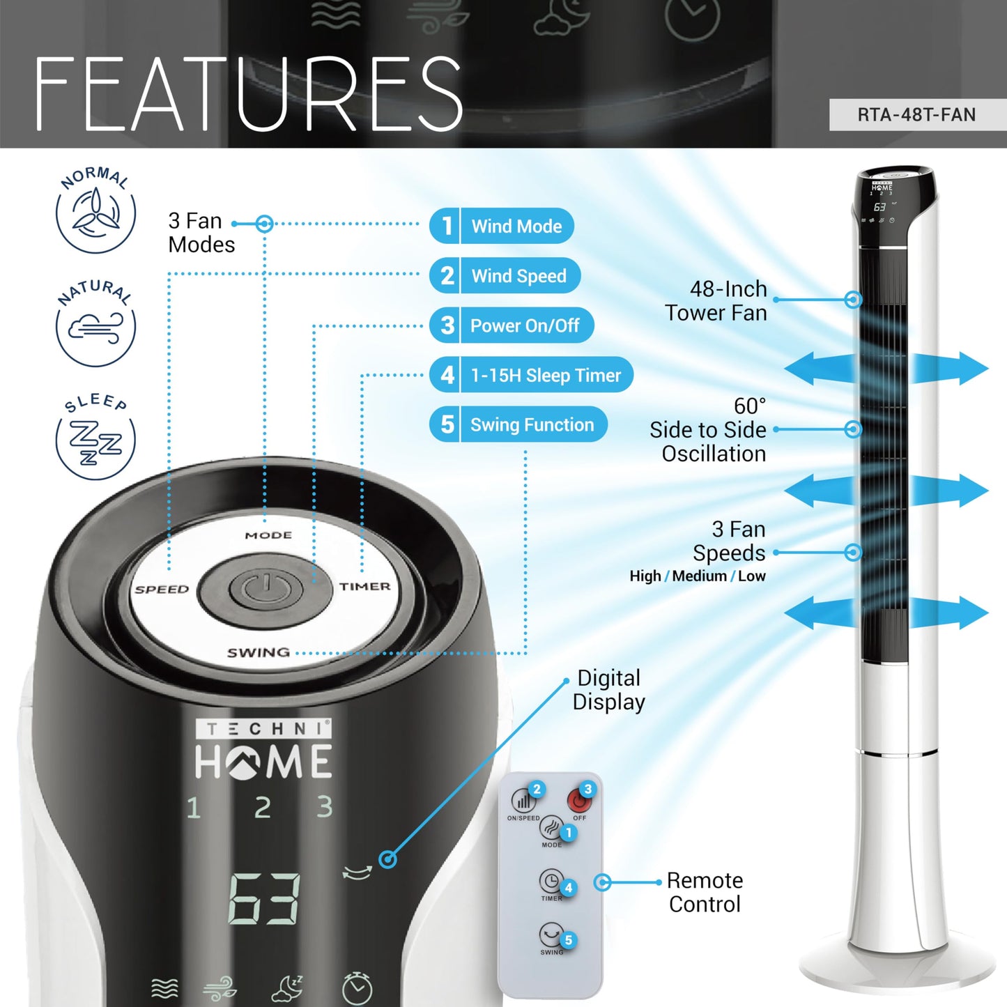 Techni Home 48" Tower Fan w/Remote, Quiet Standing Fan for Bedroom & Home