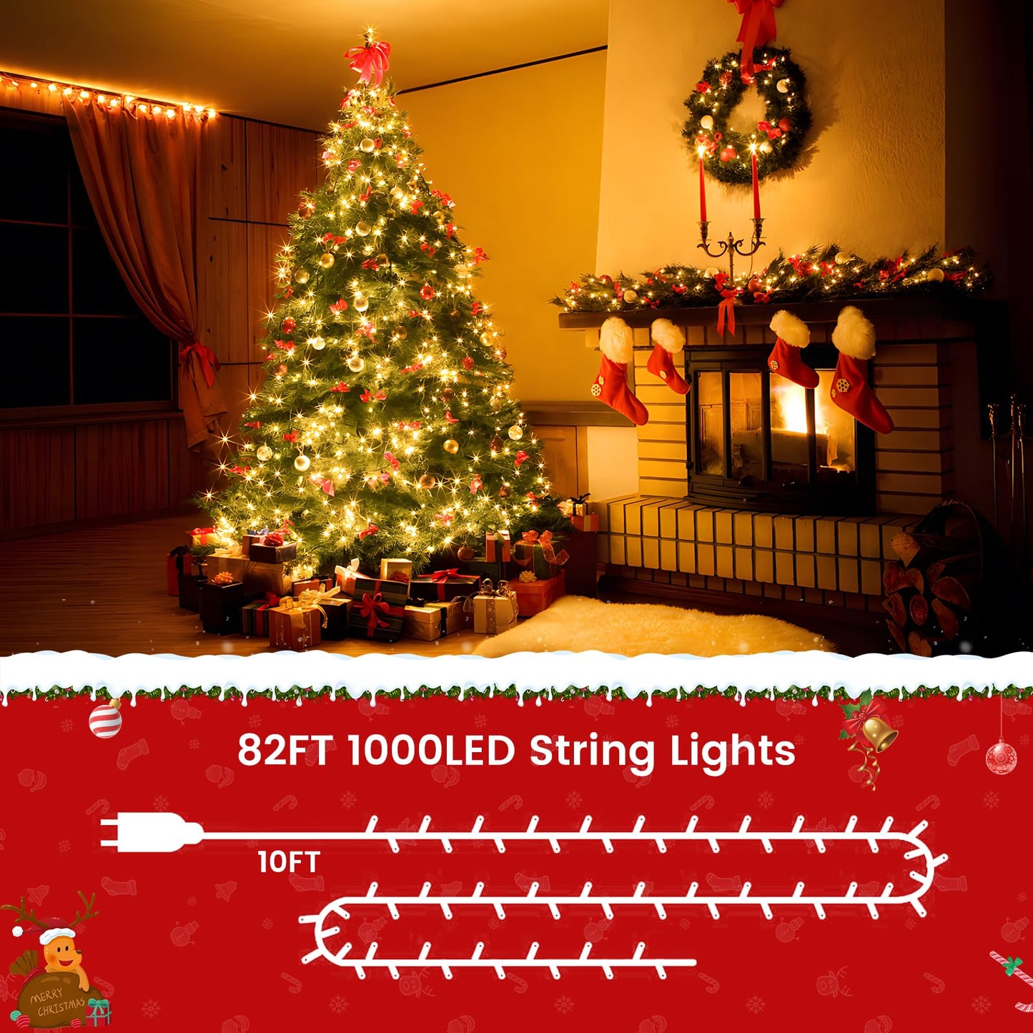 Areker 82ft 1000LED Christmas Lights Outdoor Indoor, Green Wire Christmas String Lights Plug in, Ultra Bright 8 Modes Waterproof Fairy Lights for Xmas
