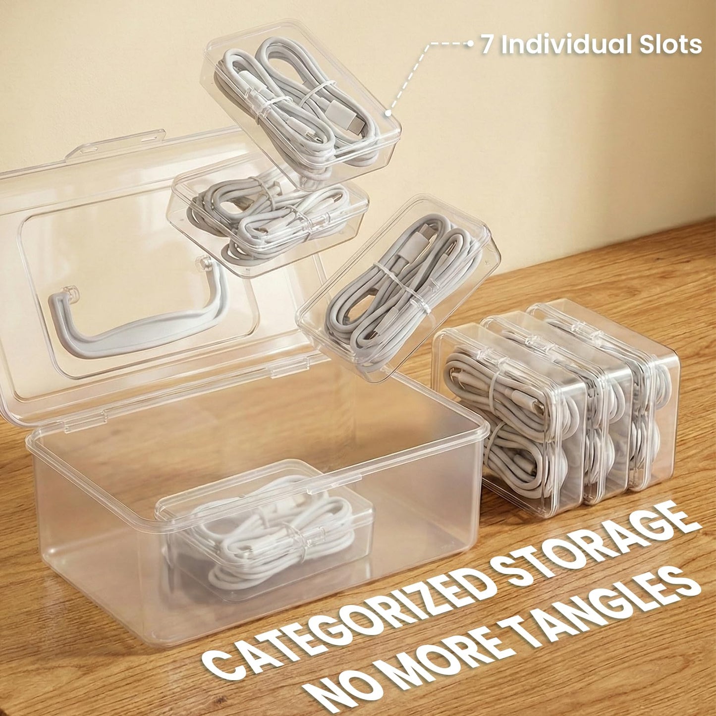 Portable Cord Organizer Box with Handle, 7 Clear Cable Storage Cases and Labels, Travel Cable Holder for Charging Cords, USB Wires, Earphones - Home
