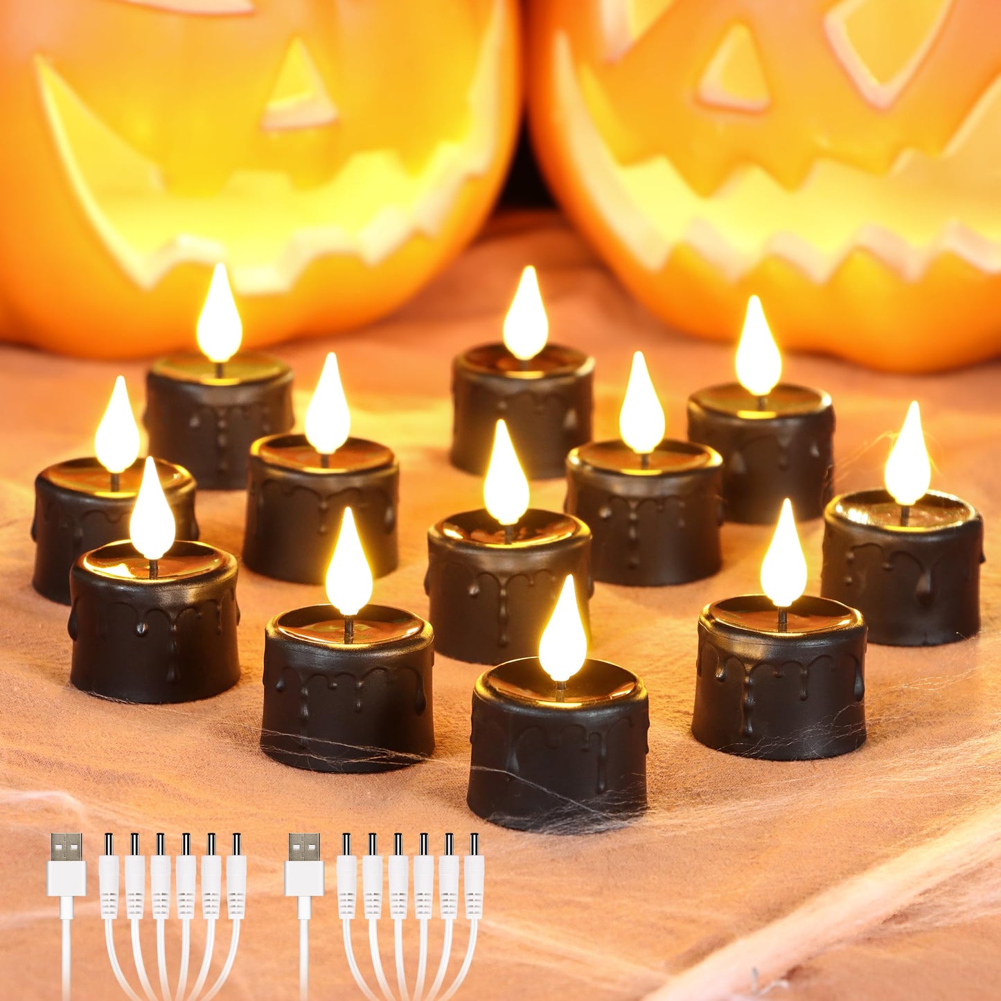 FPOO Halloween Black Tea Light Candles, 12 Packs Rechargeable LED Tea Lights, Small Pumpkins Lights Flameless Fake Candles, Electric Candle Halloween