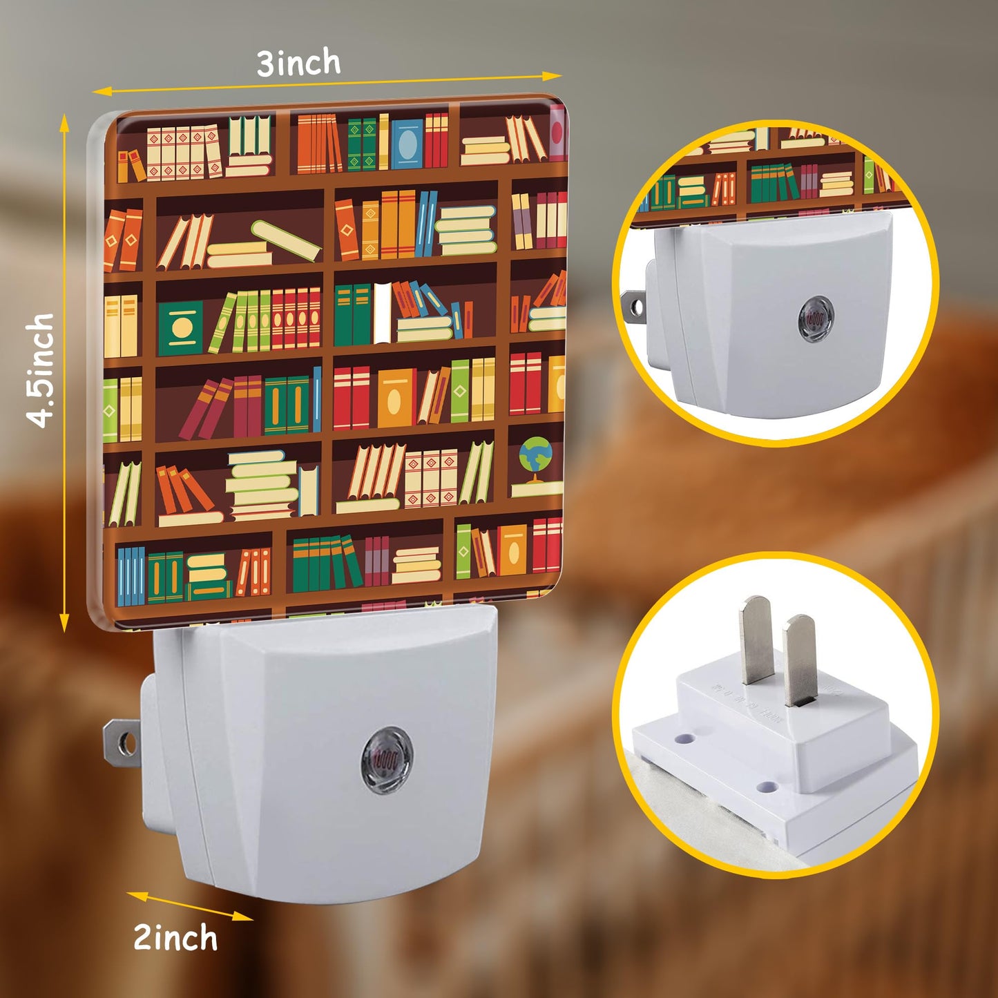 Neidius Retro Bookshelf Plug Night Light,Funny Library Book Night Light Lamp Auto Sensor Energy Efficient Dusk to Dawn Lights for Girls Boys Women