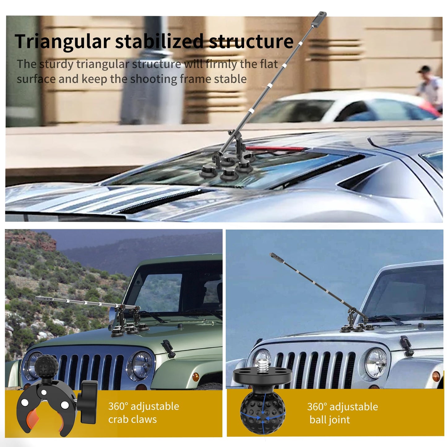 Five Suction Cup Car Mount for Insta360 Car Mount, 5 in 1 Suction Action Camera Mount with Invisible Selfie Stick for Insta360 X5 X4 X3, GoPro, DJI
