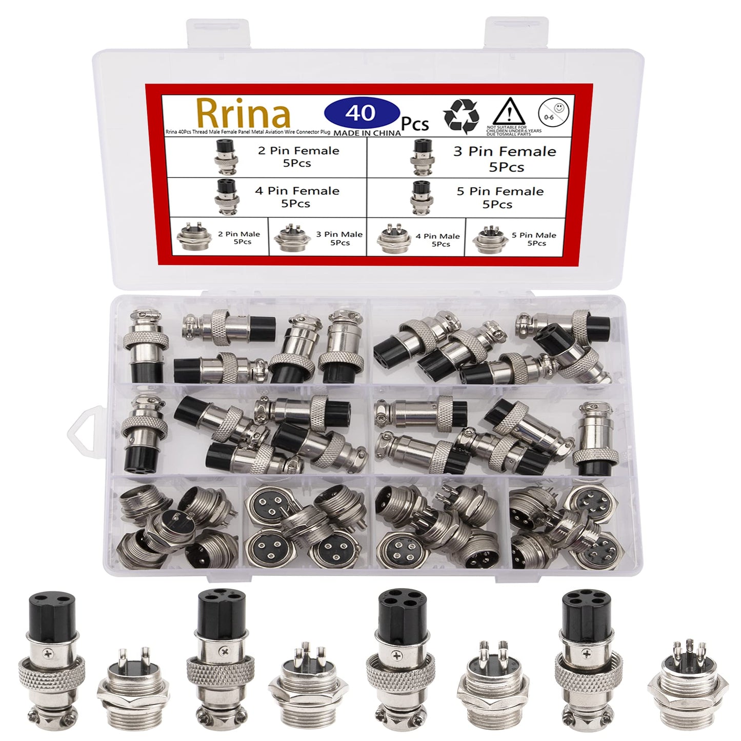 Rrina 40Pcs Thread Male Female Panel Metal Aviation Wire Connector Plug Assortment Kit, 2/3/4/5 Pin GX16