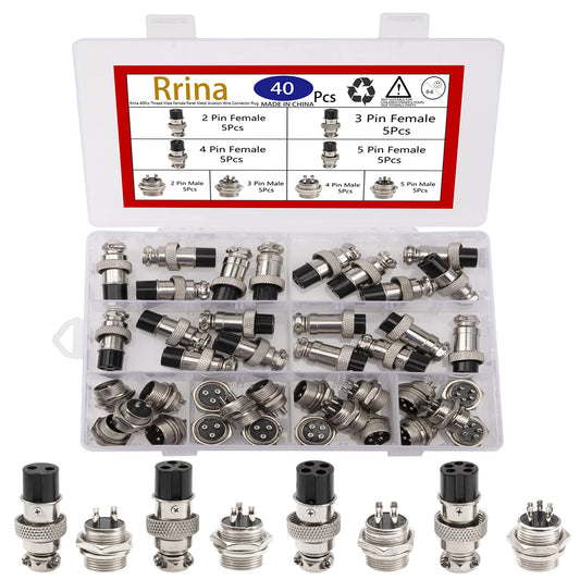 Rrina 40Pcs Thread Male Female Panel Metal Aviation Wire Connector Plug Assortment Kit, 2/3/4/5 Pin GX16